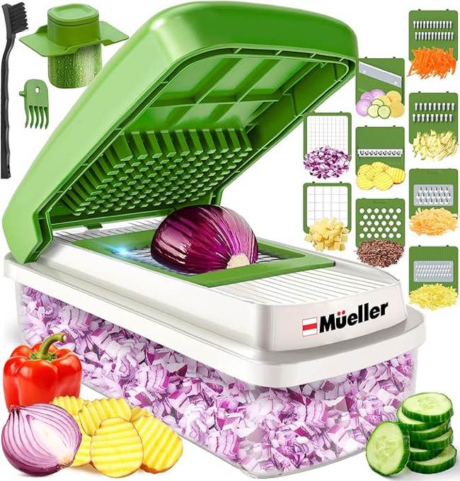 Mueller Vegetable Chopper Mandoline Slicer, Food Veggie Chopper, Cheese Grater, Onion Vegetable Cutter with Container, Dicer, Kitchen Gadgets & Essentials, White Sand/Grey