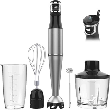 Mueller Multistick 5-in-1 Immersion Blender Handheld, 12 Speed Hand Mixer - Turbo Boost, Heaviest Duty Copper Motor, Titanium Blades Hand Blender, Milk Frother Wand, Whisk, Beaker, Chopper, Grey