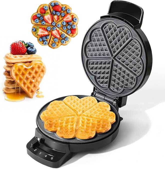 Mueller Heart 5 Waffle Maker, Norwegian Waffle Iron, Adjustable Browning Control & Nonstick, Cool Touch Handle, Easy to Clean, Small Kitchen Appliances