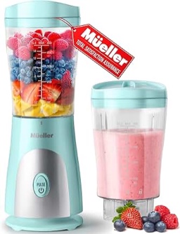 Mueller Smoothie Blender for Smoothies - Personal Blender for Shakes, Frozen Drinks, Baby Food & More, 15oz Travel Cup and Lid, Durable Stainless Steel Blades for Powerful Blending Performance