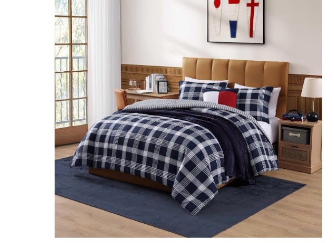 tommy hilfiger - queen comforter set, 100% soft & smooth reversible bed set, plaid bedding for year