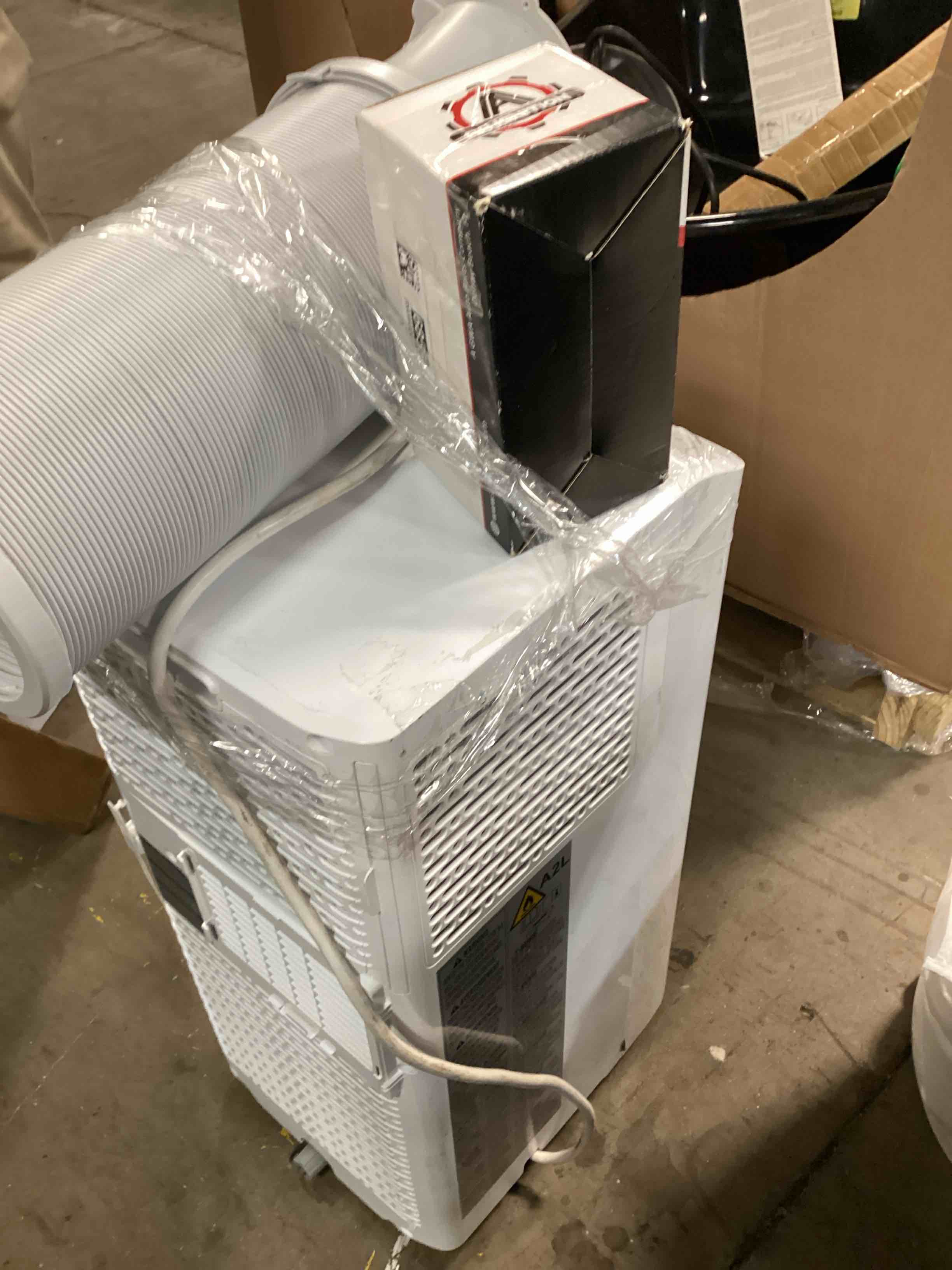 Condition photo showing As Is for portable air conditioner with remote control | ac for rooms up to 200 sq.ft. | 24h timer | led display | auto restart | wheels | dehumidifer | white | apo108c