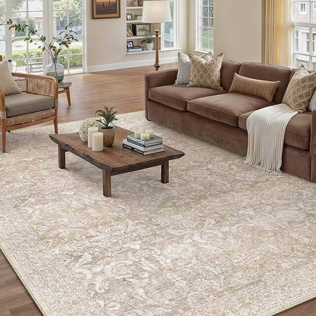 purecozy area rug washable beige vintage living room bedroom carpet indoor large non slip soft low pile thin rug retro accent throw office dining room
