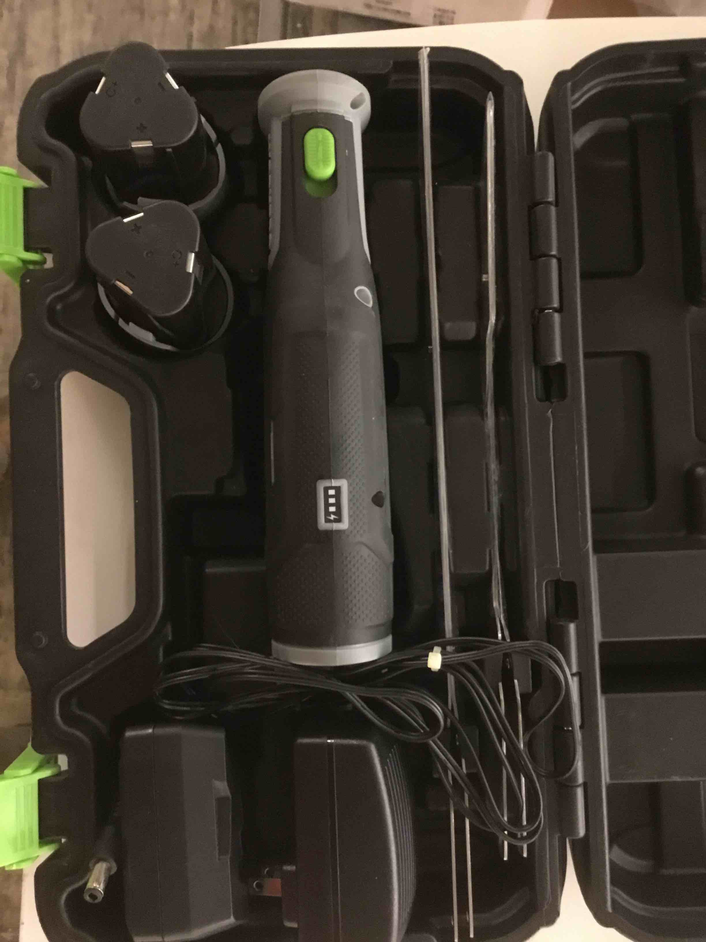 Condition photo showing New/Like New for WORKPRO 12V Cordless Electric Fillet Knife with 8'' and 10'' Razor-Sharp Blades, Cordless Fillet Knife with Non-slip Grip Handle and Safety Lock, 2 Rechargeable Battery Packs, 1 Quick Battery Charger, and 1 Storage Carry Case for Fishing, Filleting, Outdoors