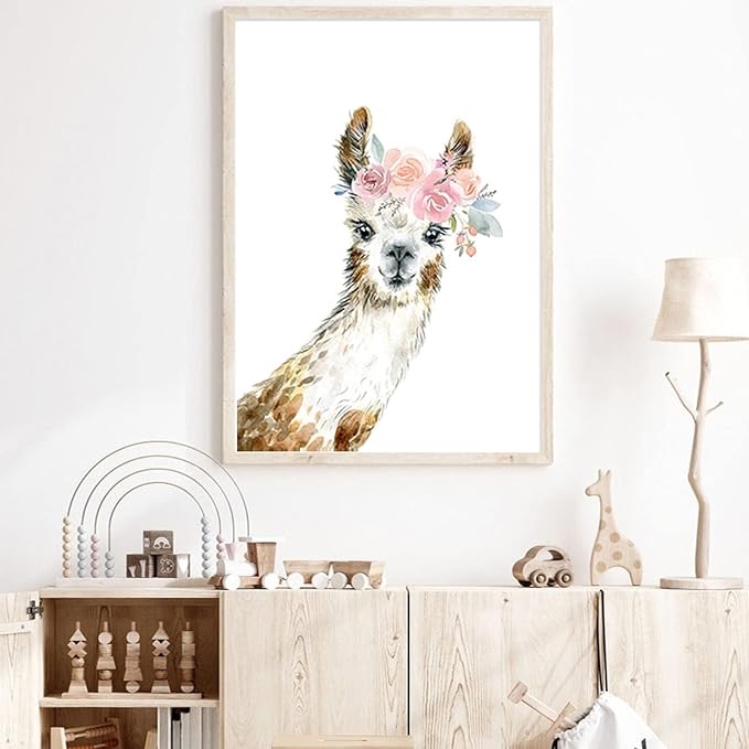 Llama Nursery Wall Art Llama with Flower Canvas Art Llama Pictures Wall Decor Coloring Alpaca Mural Artwork Flower Nursery Poster Cute Animal Prints Decor for Bedroom Living Room 16x24 Inch framed