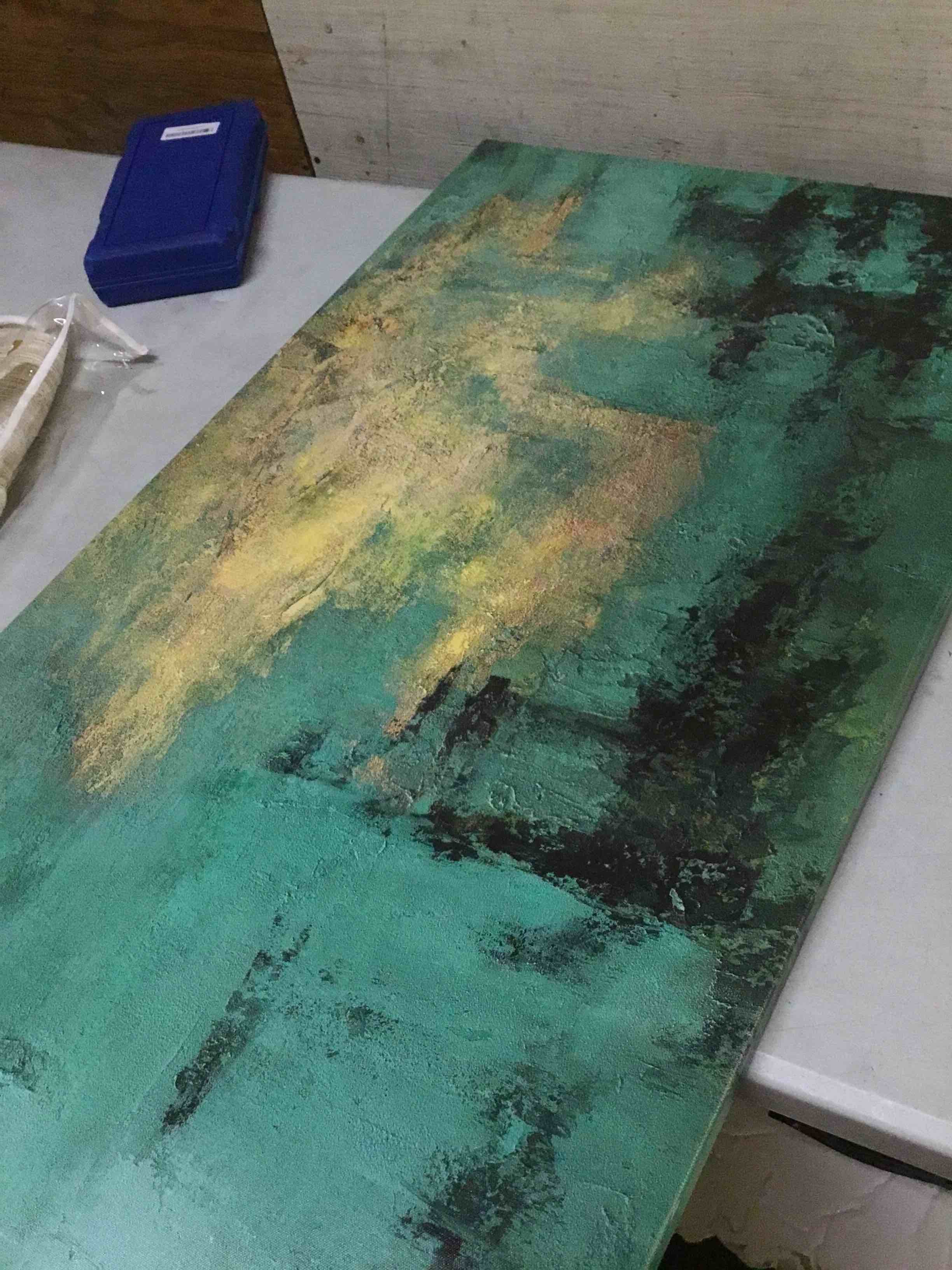 Condition photo showing New/Like New for glvzygy abstract wall art green and gold vintage abstract canvas wall decor artwork paintings suitable for living room bedroom office home wall decor 24"x48"