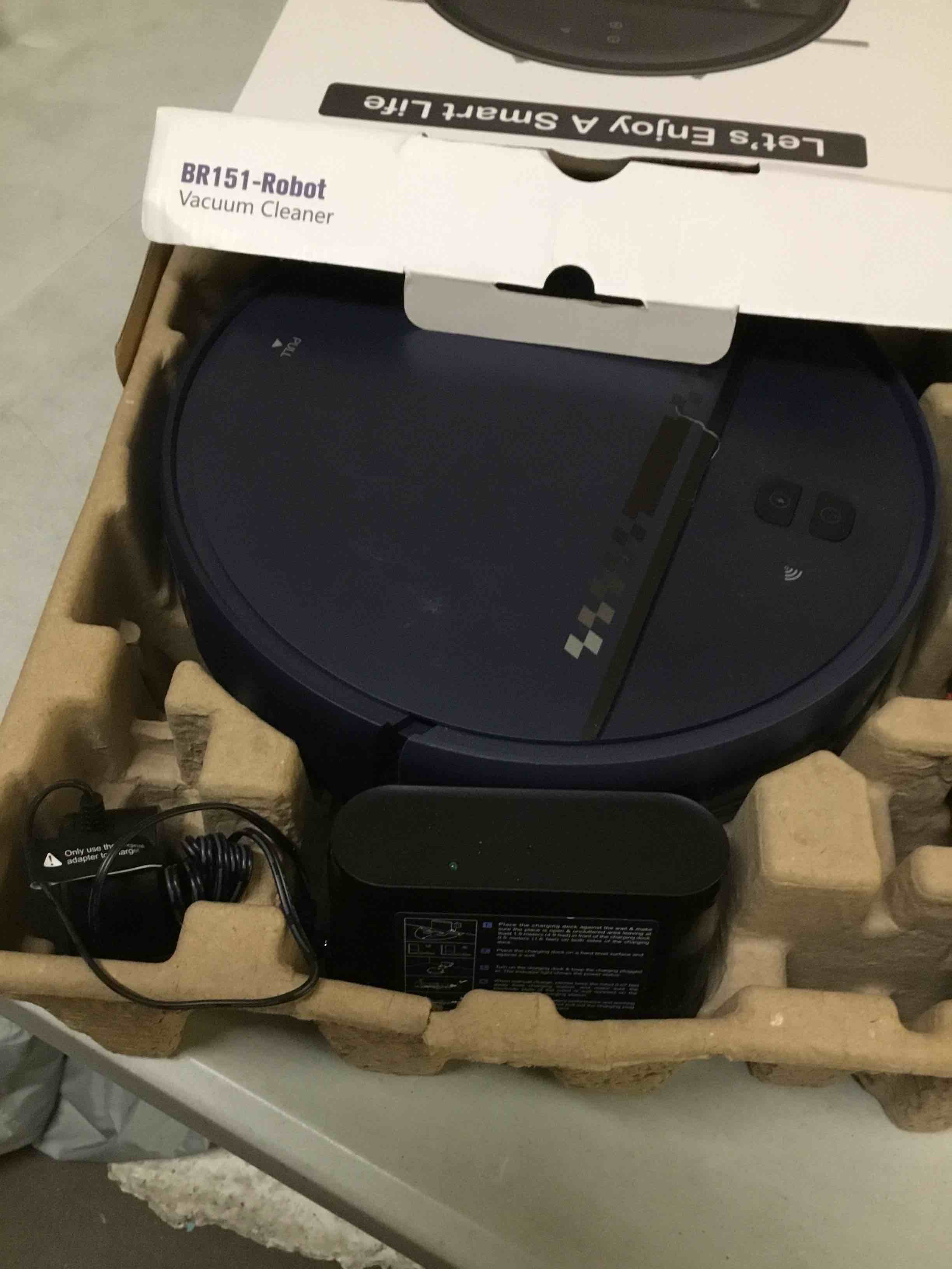 Condition photo showing As Is for manvn robot vacuum and mop combo for pet hair, robotic vacuum for hard floors and carpets, 2.87'' ultra-slim, with 3d obstacle avoidance, wi-fi/app/voice controlled, self-charging blue