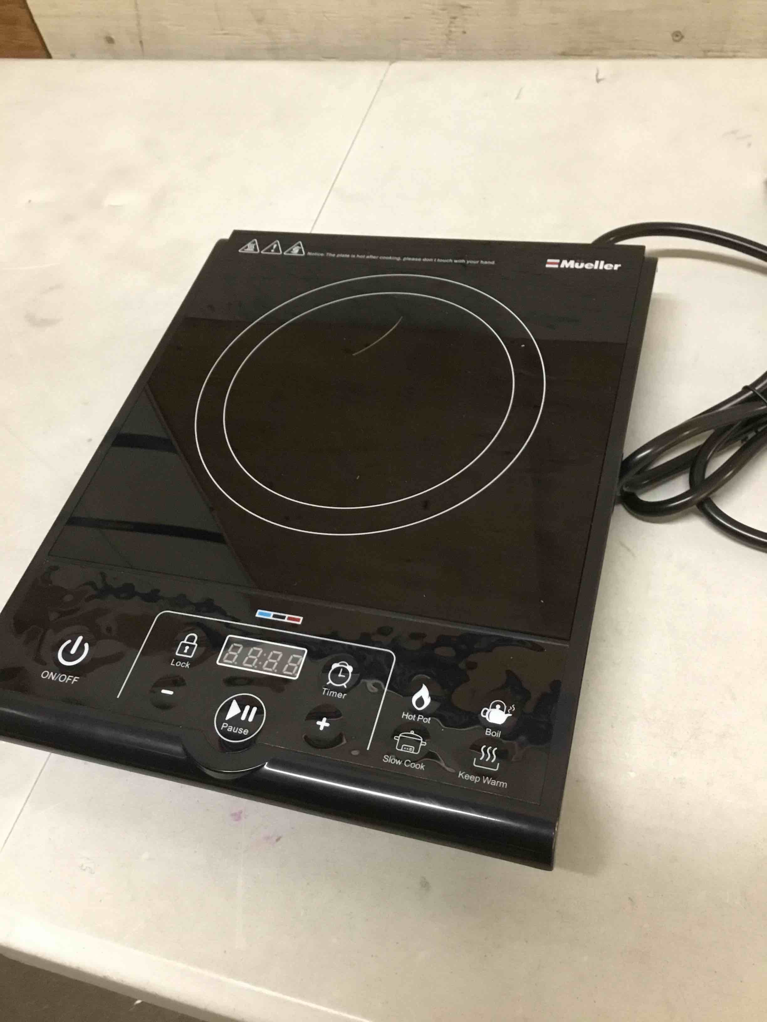 Condition photo showing As Is for mueller rapidtherm portable induction cooktop, 1800w hot plate electric stove top burner. 8 temp levels, auto-off & pot detection, led display, child lock, 4 programs, burners for cooking