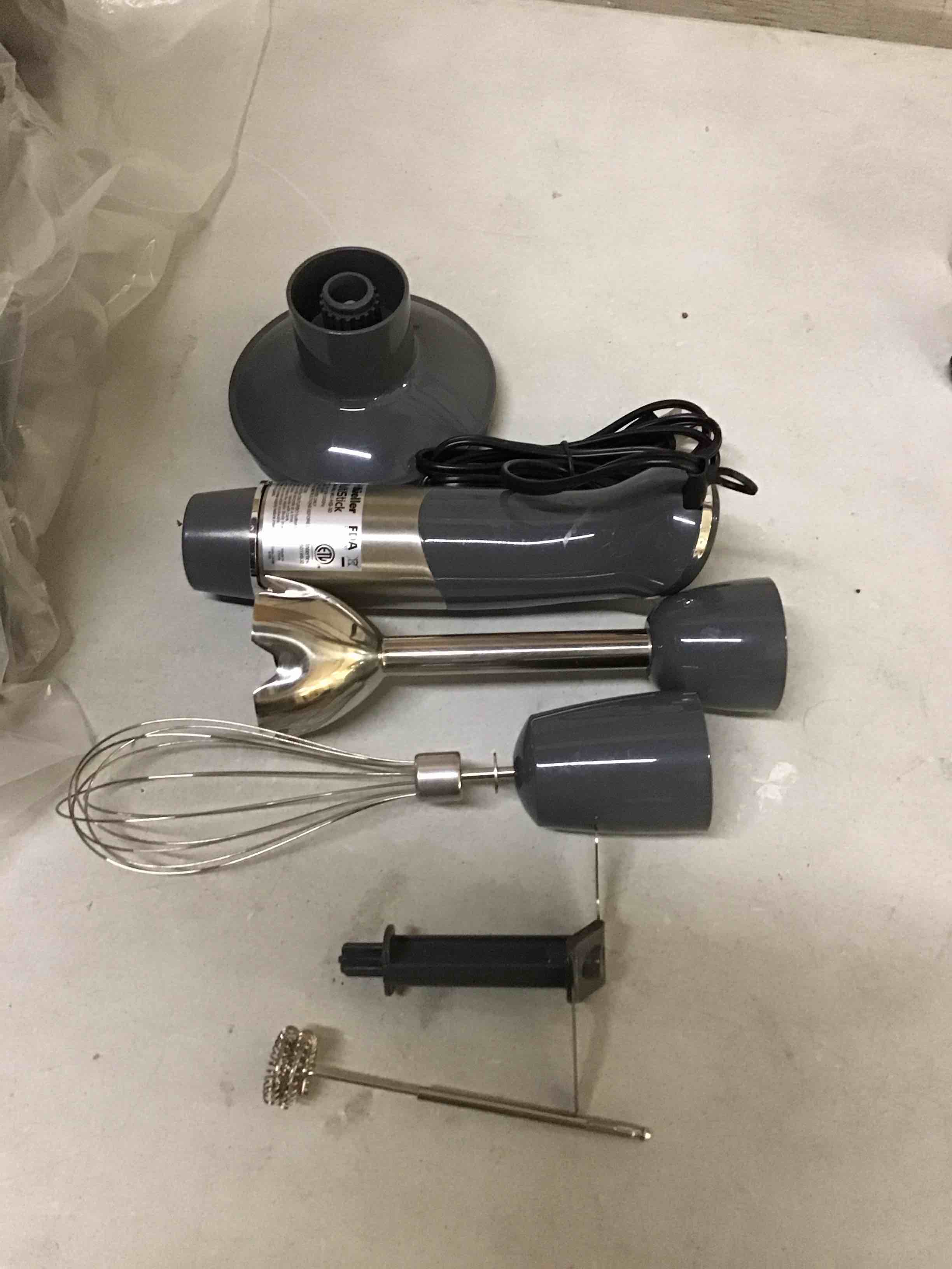 Condition photo showing As Is for ( incomplete):mueller multistick 5-in-1 immersion blender handheld,12 speed hand mixer-turbo boost,heaviest duty copper motor,titanium reinforced blades hand blender,milk frother wand,whisk,beaker,chopper,grey