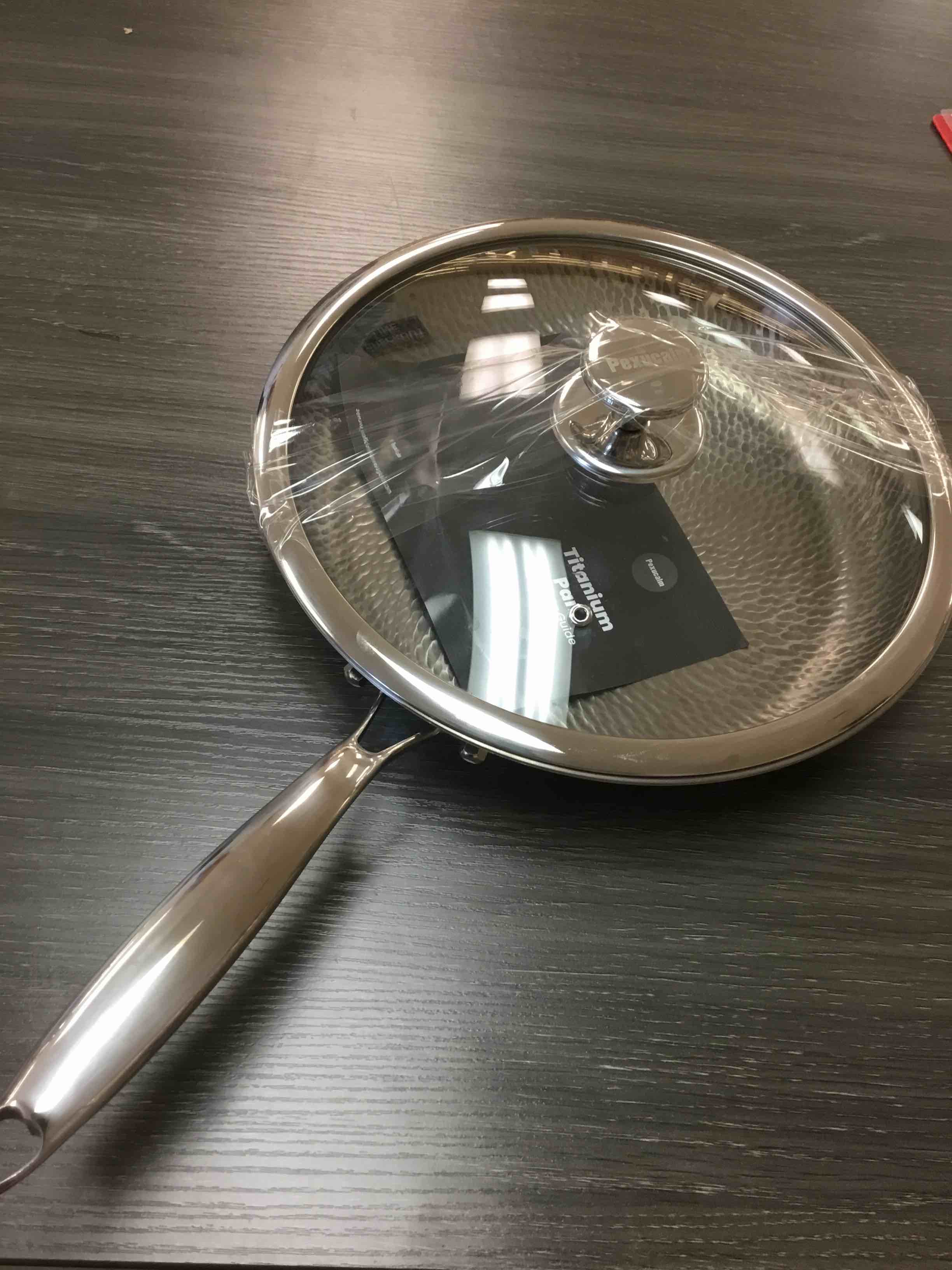 Condition photo showing Good Condition for titanium frying pan with lid, 12" uncoated hammered skillet for cooking, pfas/pfoa/ptfe free nonstick cookware, scratch resistant, for induction & gas, oven, dishwasher safe