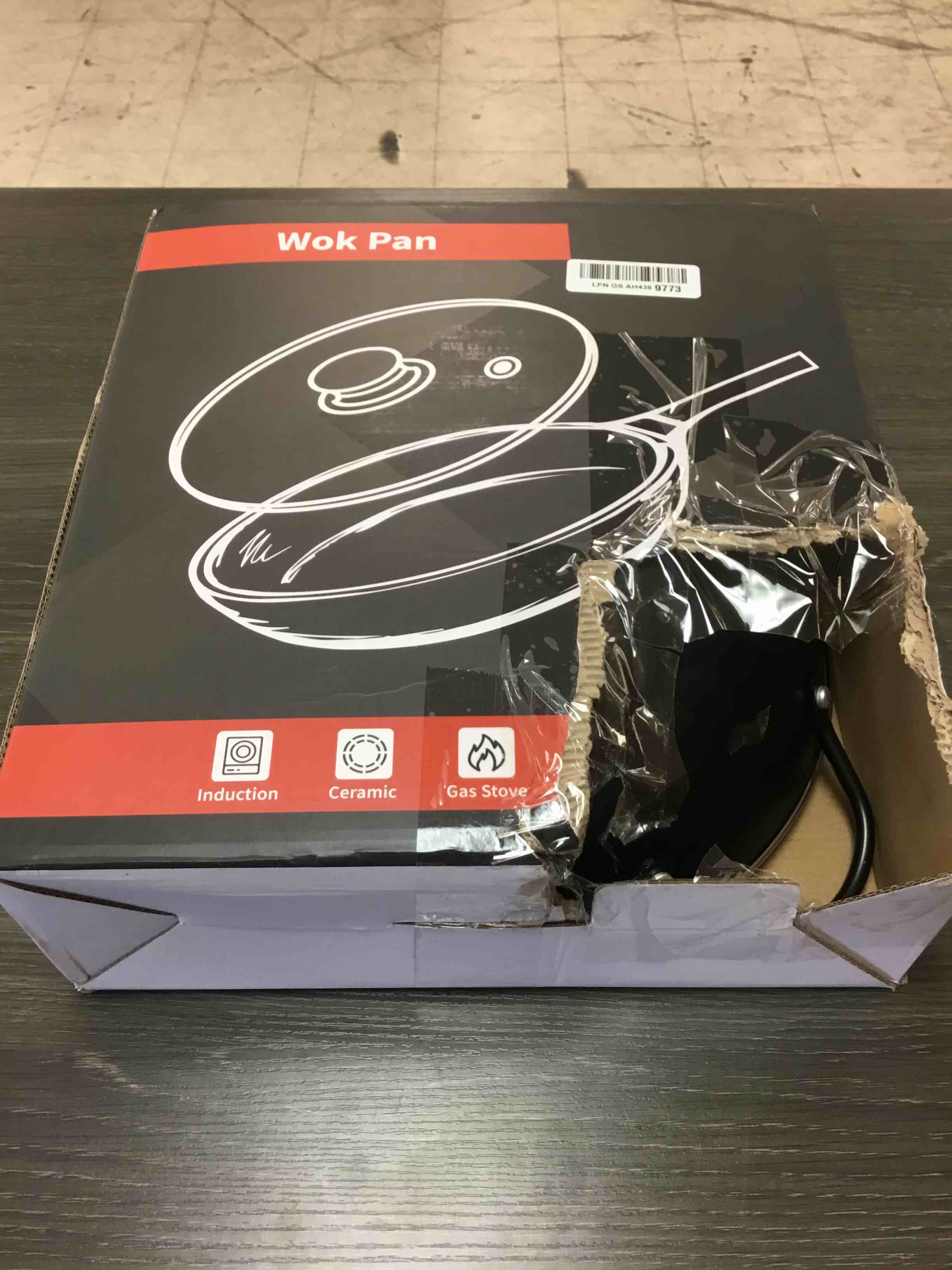 Condition photo showing As Is for todlabe 13-inch carbon steel wok pan with glass lid, naturally nonstick pre-seasoned woks & stir-fry pans, no chemical coating, flat bottom for induction, gas, electric, halogen & all stoves