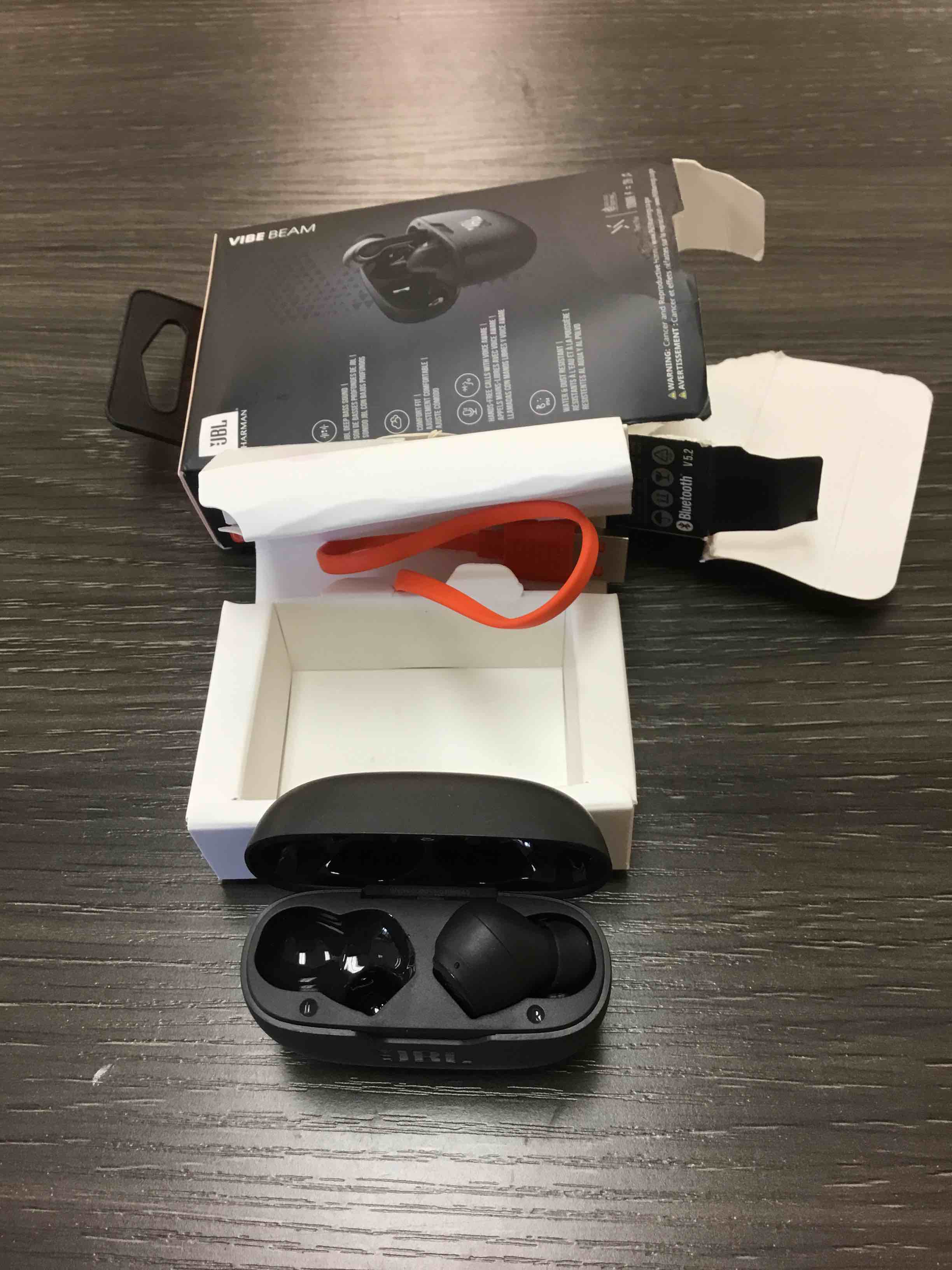 Condition photo showing As Is for jbl vibe beam - true wireless jbl deep bass sound earbuds, bluetooth 5.2, water & dust resistant, hands-free call with voiceaware, up to 32 hours of battery life (black) black earbuds