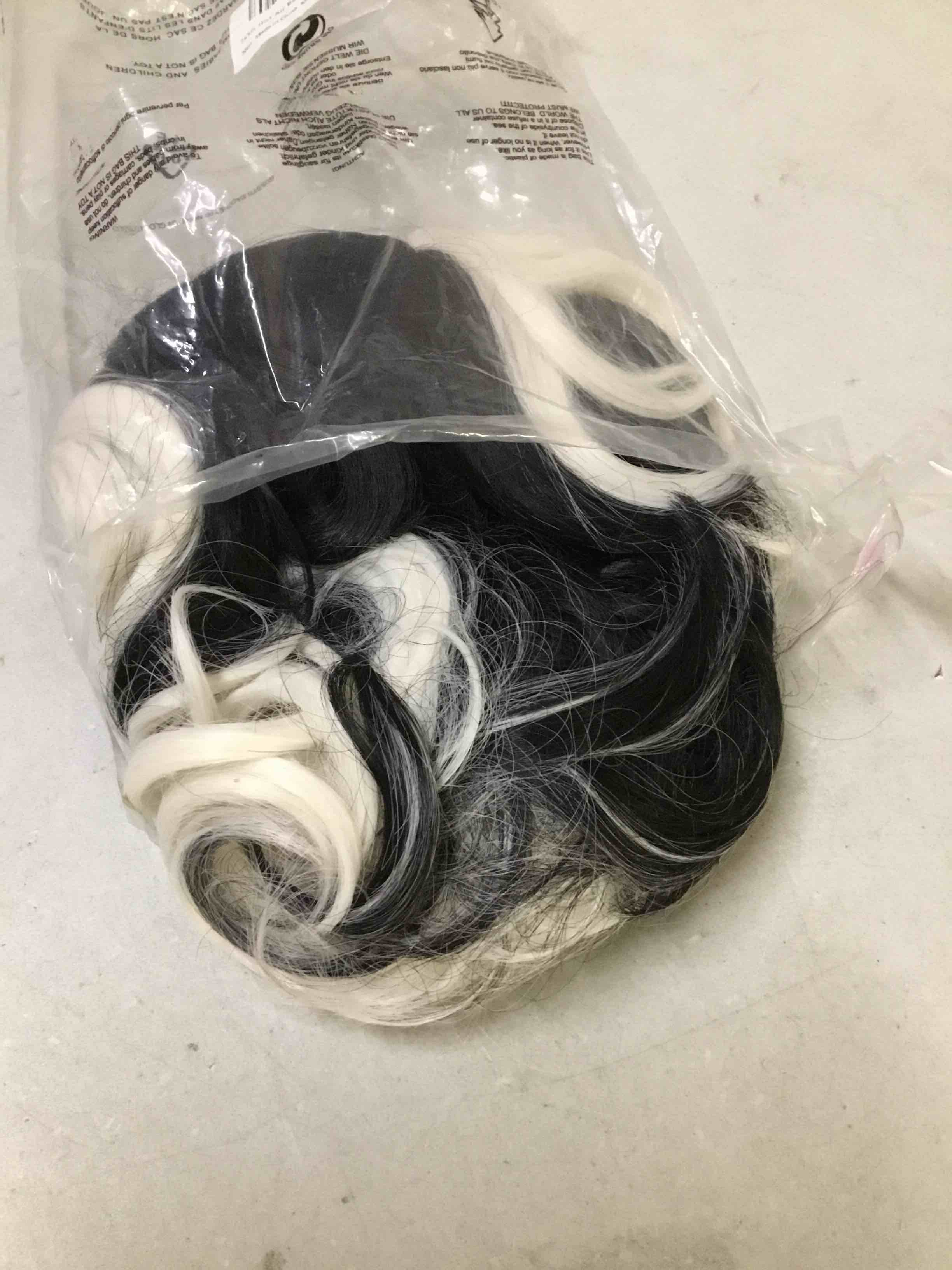 Condition photo showing As Is for magqoo half black white wig with bangs women short curly wavy wig black and white hair wigs halloween cosplay costume party wig