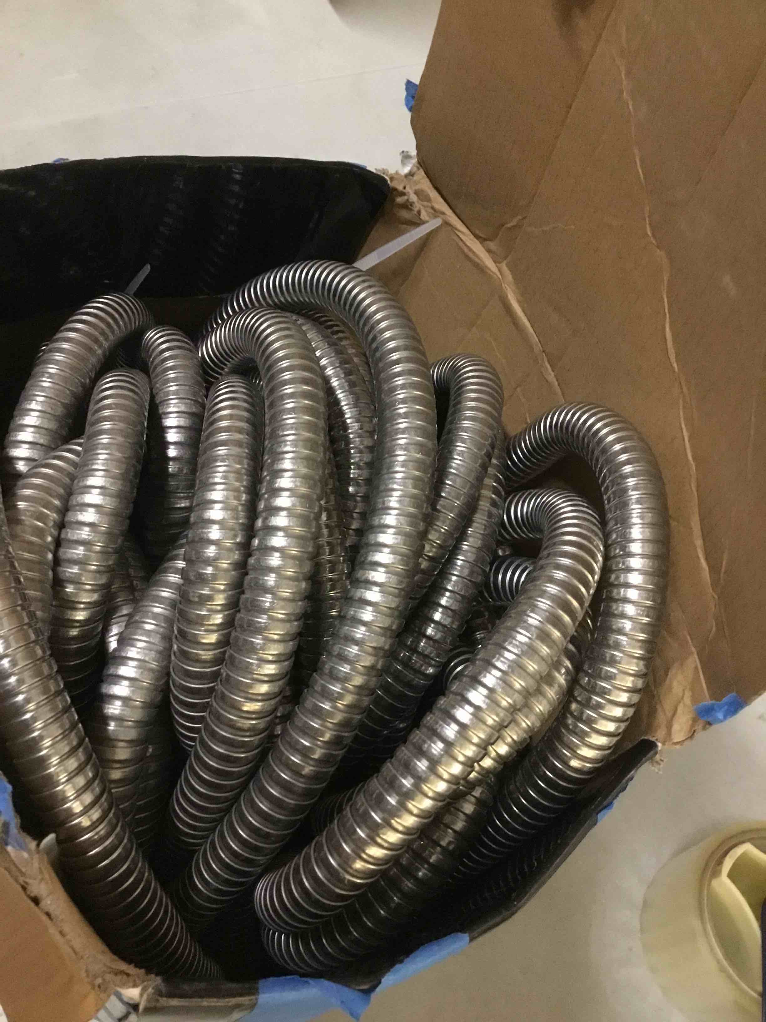 Condition photo showing As Is for 100ft garden hose, heavy duty metal water hose 100 ft with 10 function nozzle, flexible no-kink, pet-proof & puncture-proof stainless steel outdoor hose for yard