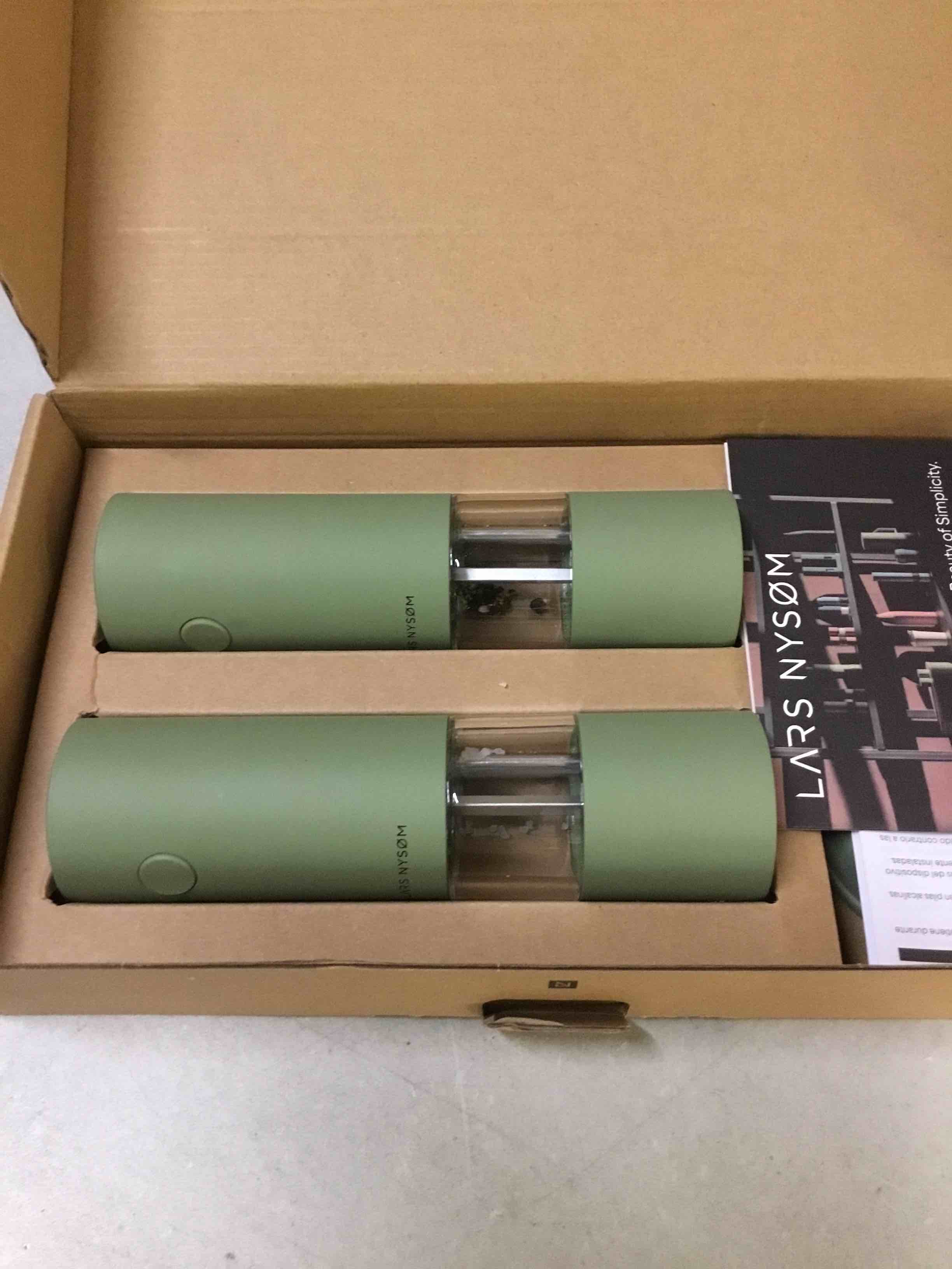 Condition photo showing As Is for lars nysøm electric salt and pepper grinder set i automatic salt and pepper mills with adjustable ceramic grinder i aaa-battery operated electric spice mill set (sage green) sage green set of two electric mills