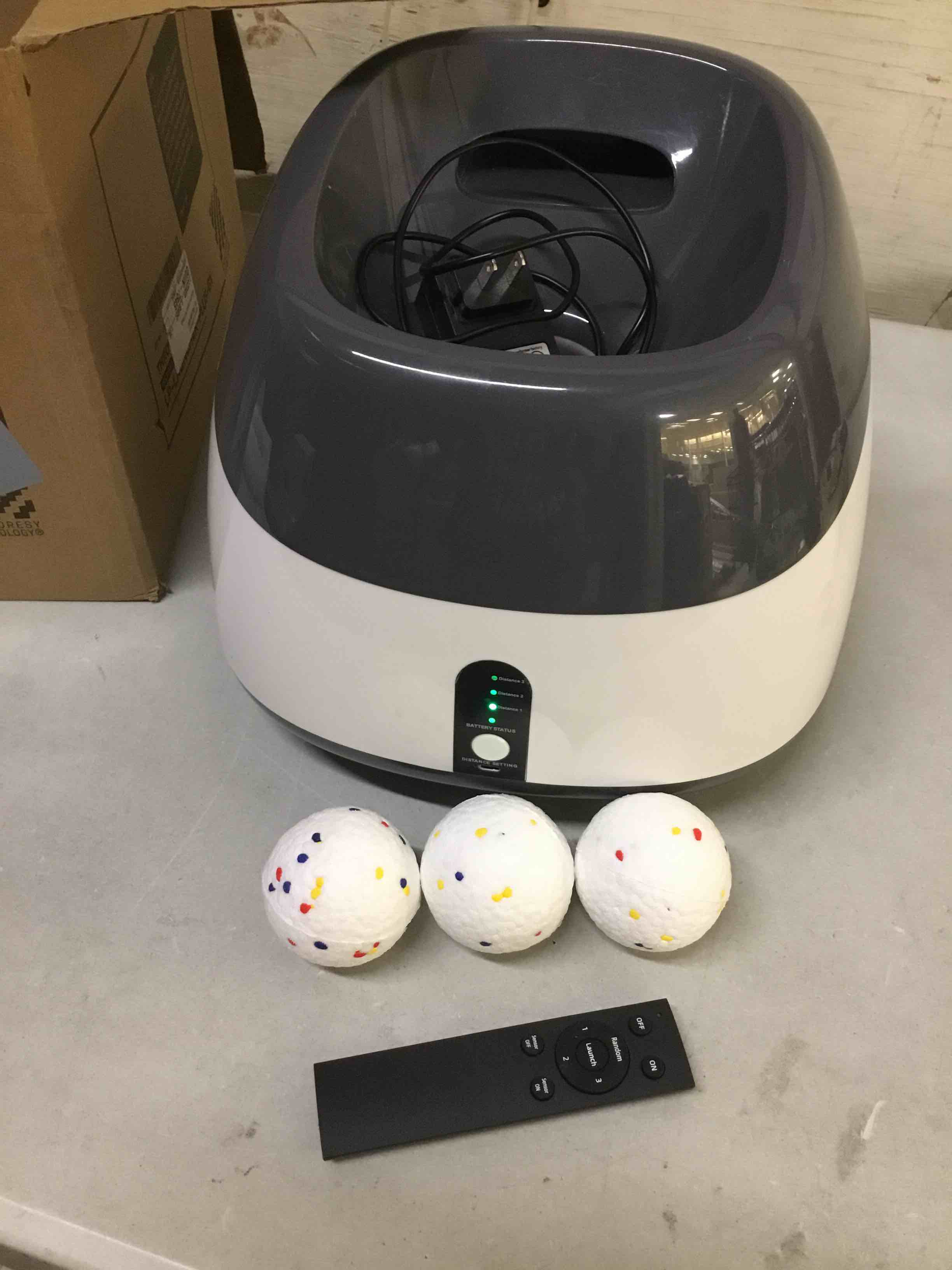 Condition photo showing As Is for mekaple automatic dog ball launcher, upgraded interactive dog balls thrower with 3 distance 29ft-79ft, remote control ball launcher for medium&large dogs, 5 etpu balls included (silver grey