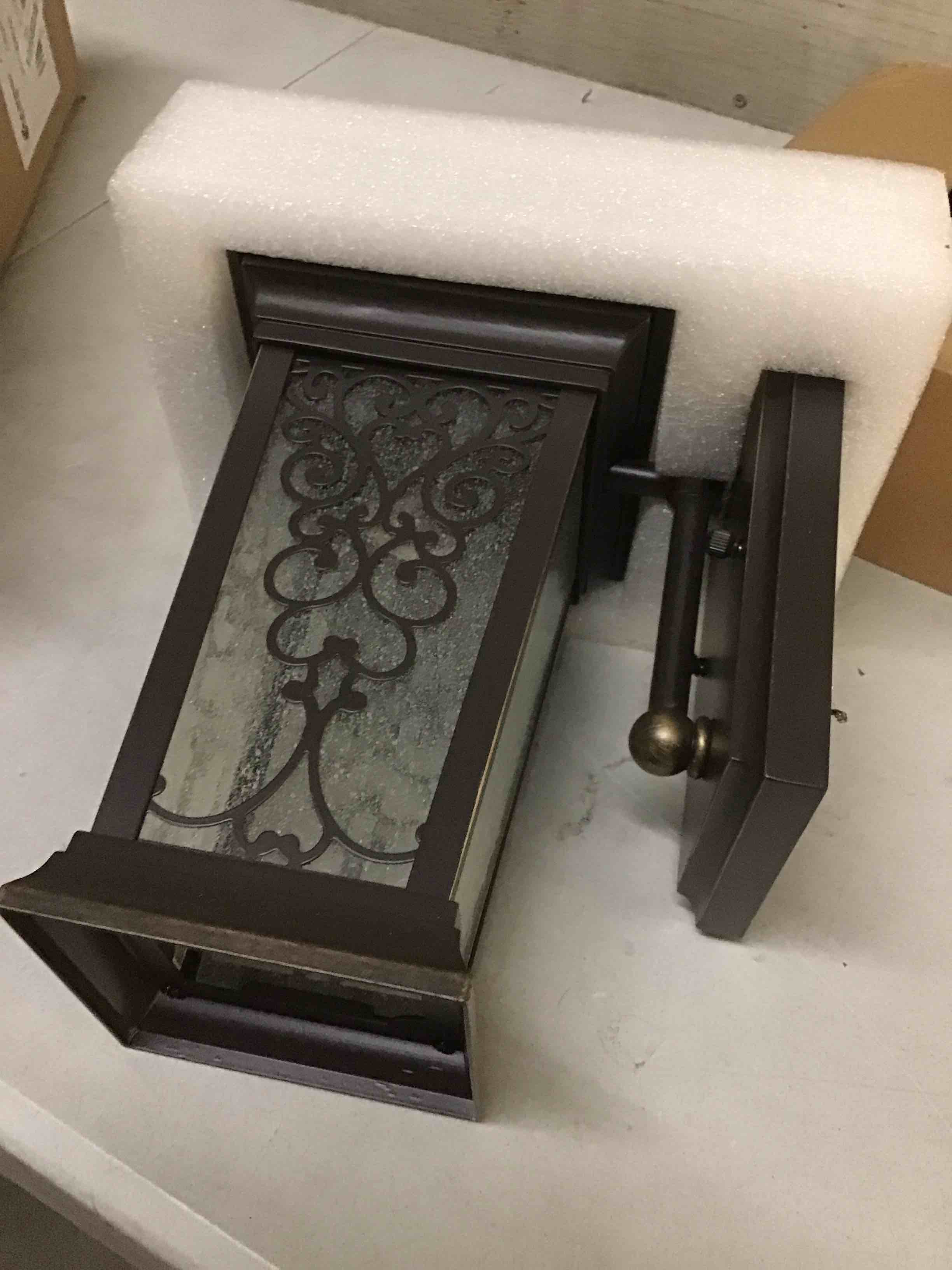 Condition photo showing As Is for ( incomplete) alvime outdoor wall light fixtures, 17 inch oil rubbed bronze exterior lighting fixtures, waterproof outdoor sconce lights, outside porch lanterns for house, farmhouse, e26 base&clear seeded glass large wall