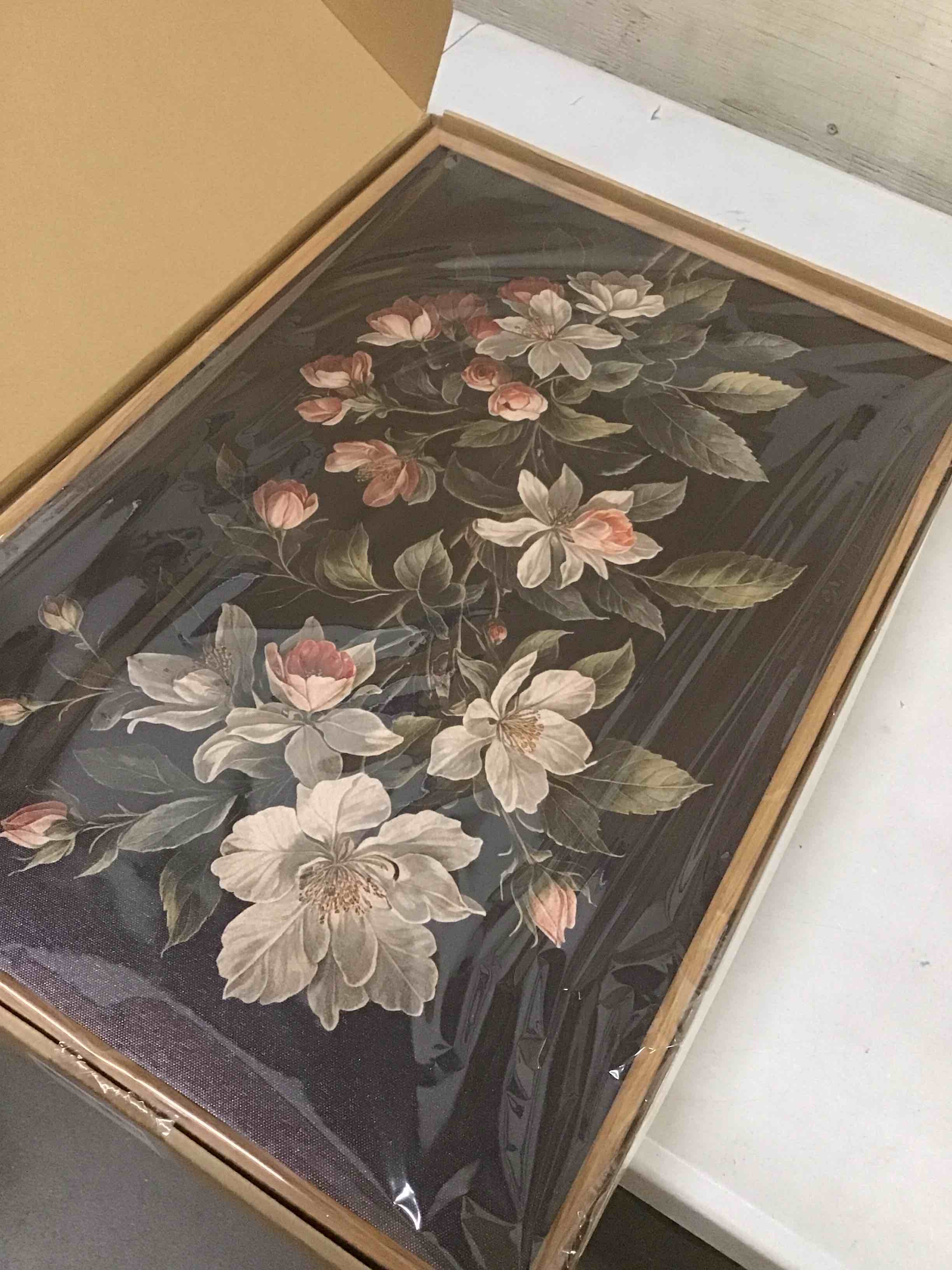 Condition photo showing New/Like New for large dark moody flowers framed canvas print wall art set,vintage antique black botanical wall decor,retro modern elegant peony floral artwork for living room,office,bedroom-16 x24 x3 black floral wall art 16"l x 24"w