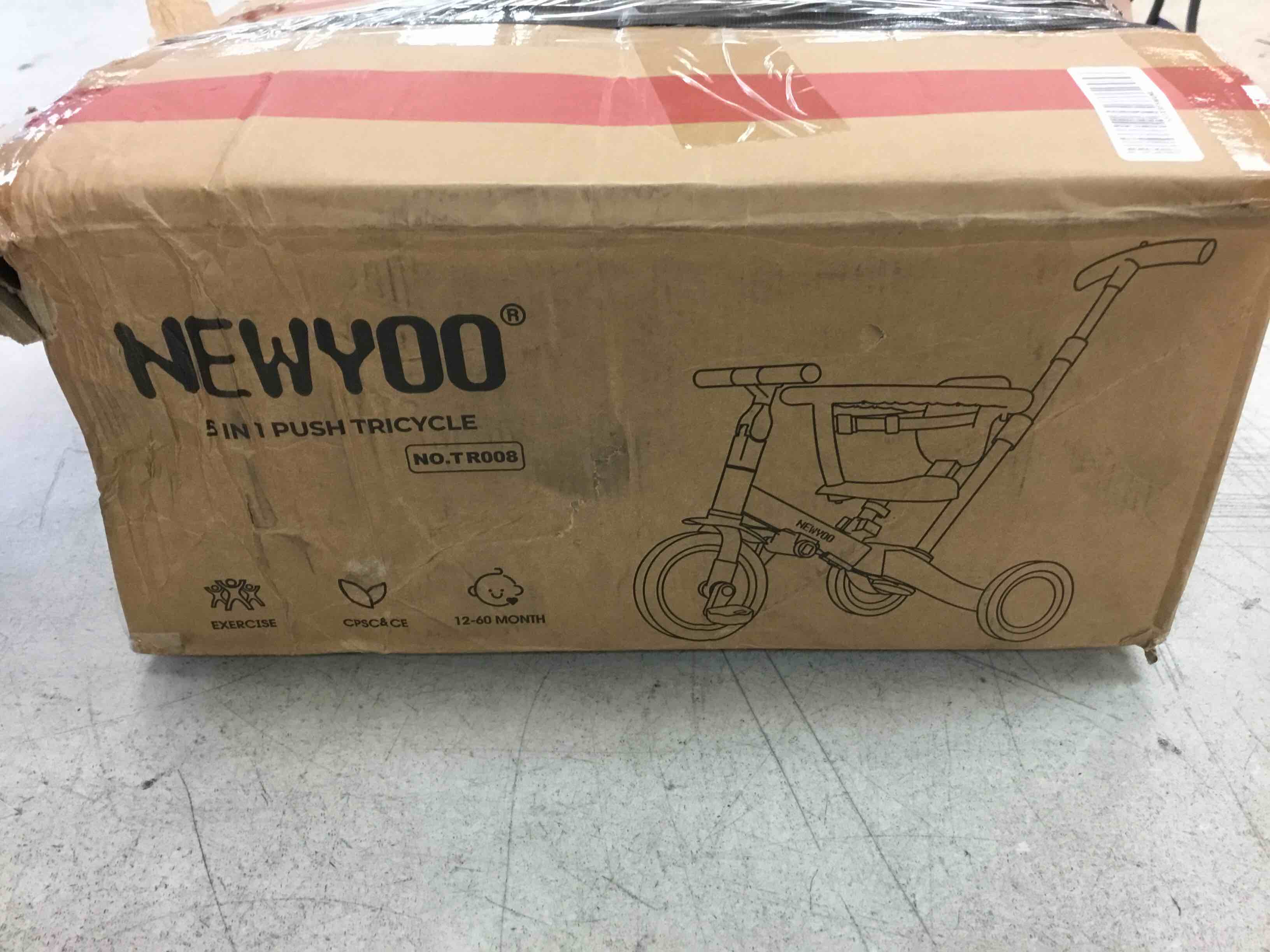 Condition photo showing As Is for newyoo tr008 tricycle for toddlers 1-3, 5 in 1 baby balance bike, christmas and birthday gift for boy and girl, toddler bike with parent push handle & safety guard, dark gray, tr008