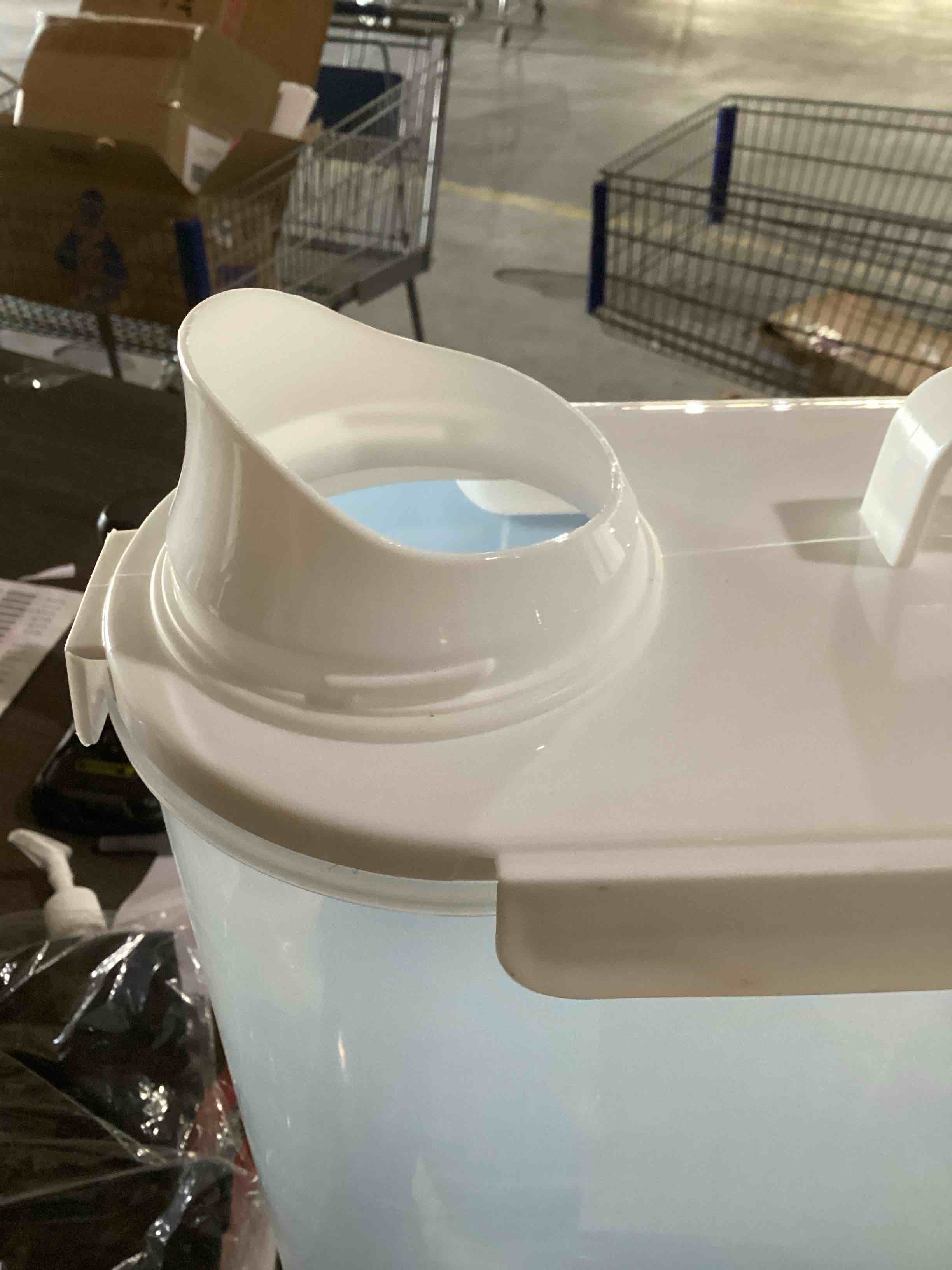 Condition photo showing As Is for missing top cup lid viretec rice storage container, 15 to 20lb dry food airtight dispenser, pet dog cat food canister, bpa free clear plastic kitchen and pantry organization bin for oatmeal, cereal, pasta, flour white 10l/white