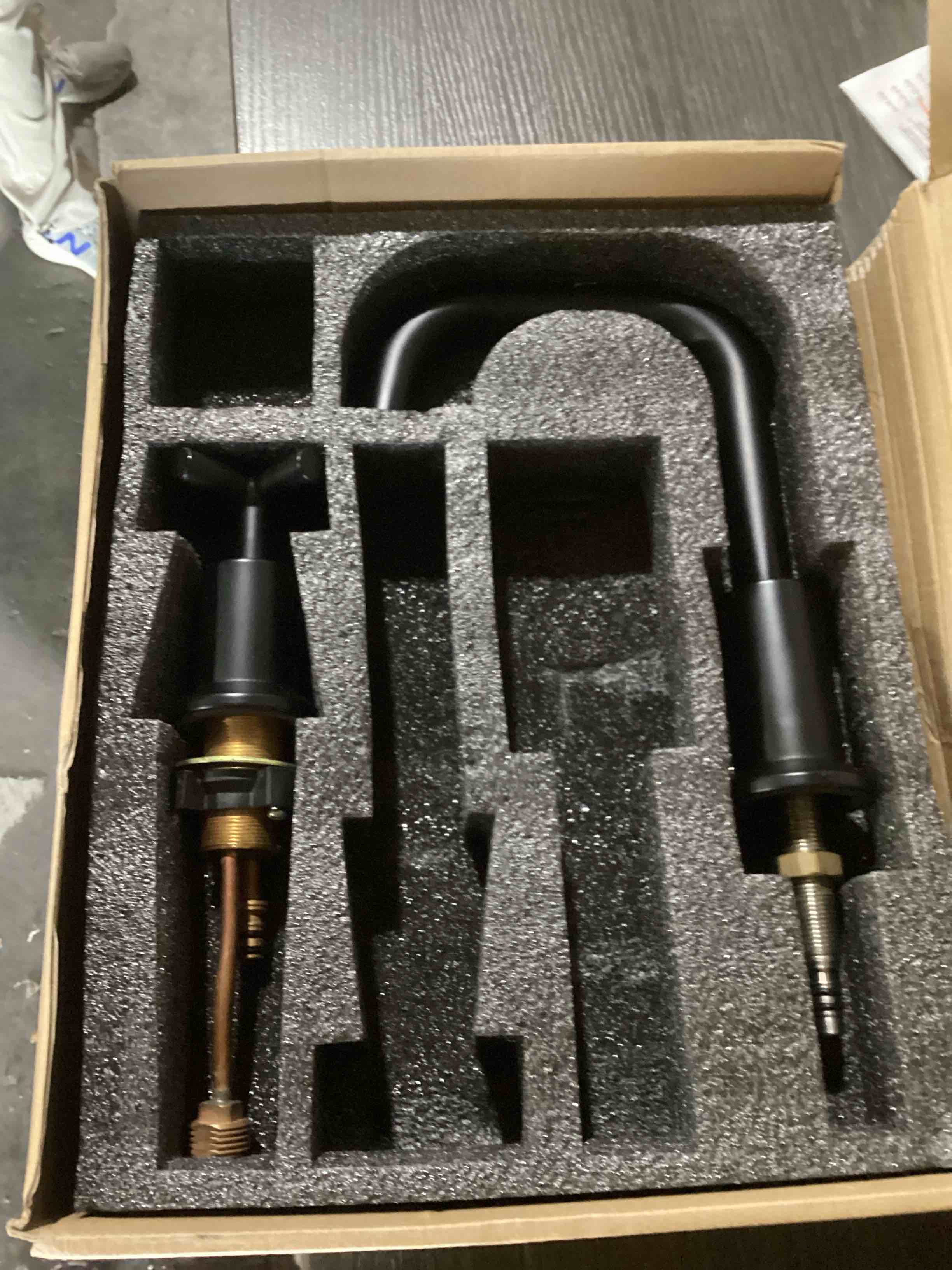 Condition photo showing As Is for missing pieces two-handle widespread bathroom faucet, bathroom faucets for sink 3 hole with push up pop-up drain 2 handle 8 inch sink faucet matte black finish df-1309cch-mt duttao