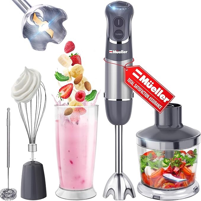 Mueller Multistick 5-in-1 Immersion Blender Handheld, 12 Speed Hand Mixer - Turbo Boost, Heaviest Duty Copper Motor, Titanium Blades Hand Blender, Milk Frother Wand, Whisk, Beaker, Chopper, Grey(missing 1 piece)