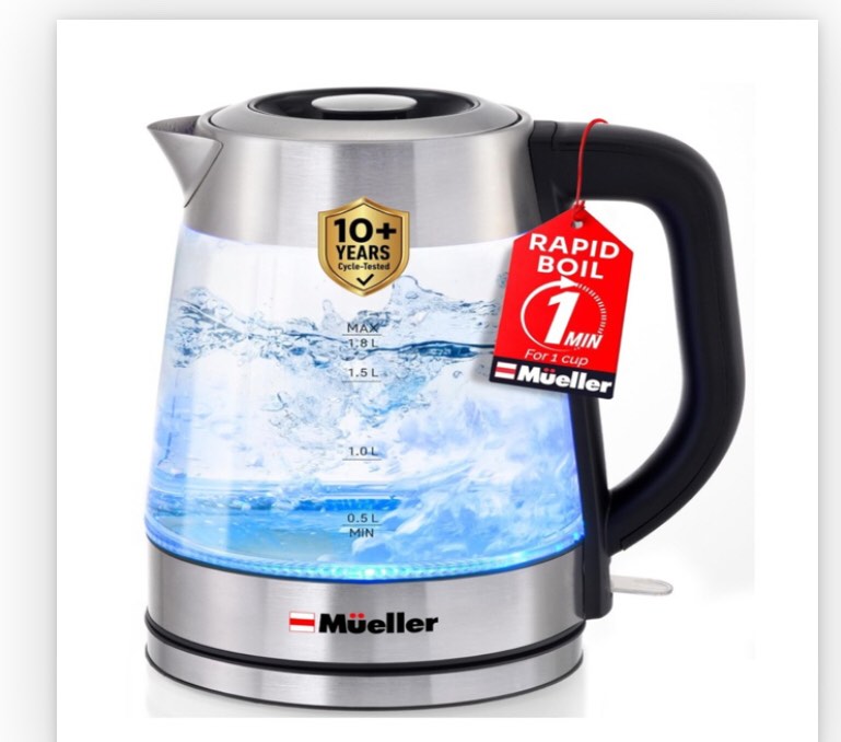 Mueller Rapid Boil Electric Kettle 1.8L – Borosilicate Glass & Stai... Fas