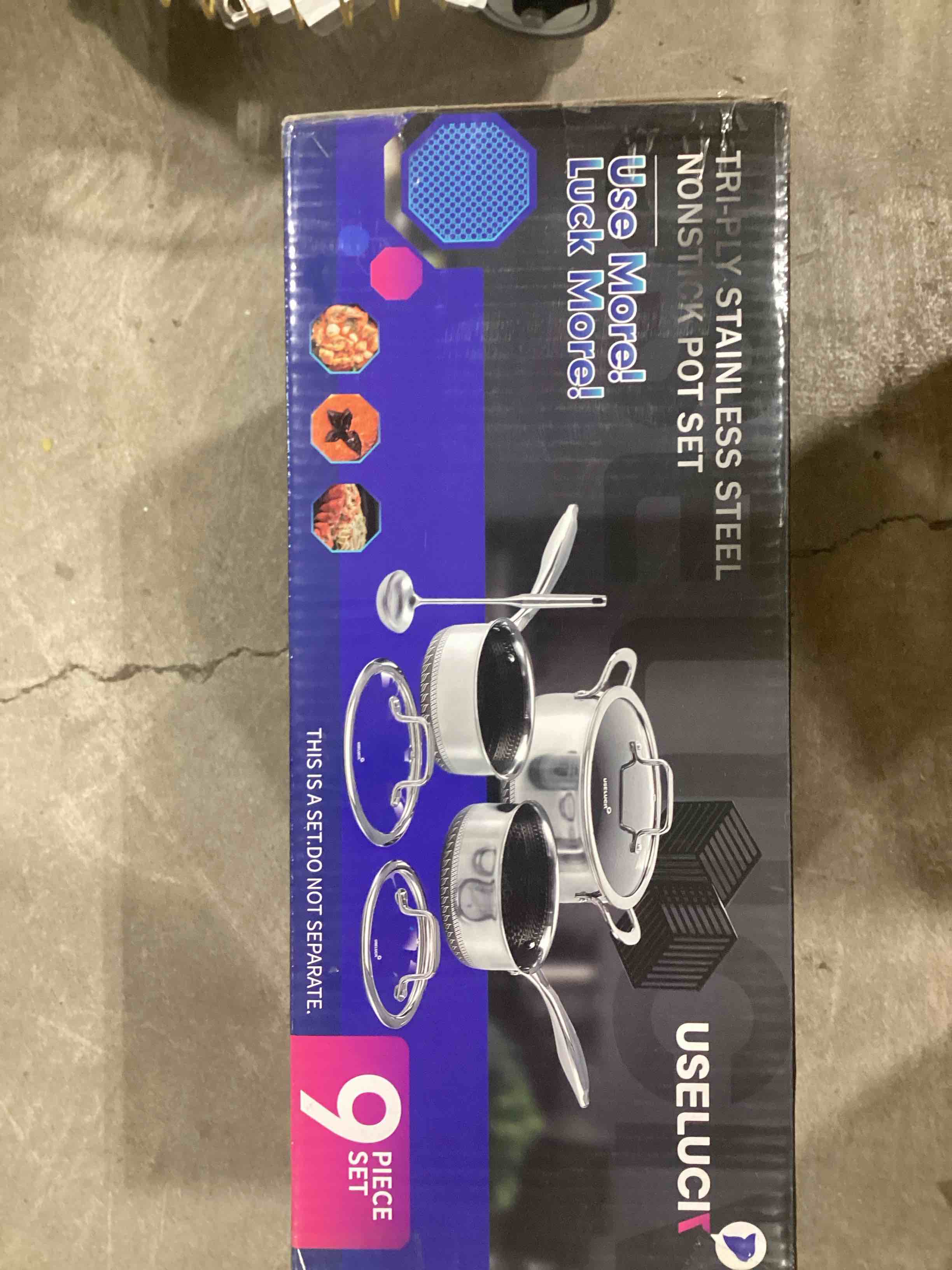 Condition photo showing Good Condition for useluck hybrid nonstick pot set, 1.5 qt sauce pan, 2 and 5.2 qt stock pot with glass lids,cookware sets,stay-cool handles,2 silicone trivets,dishwasher-friendly,compatible all cooktops.