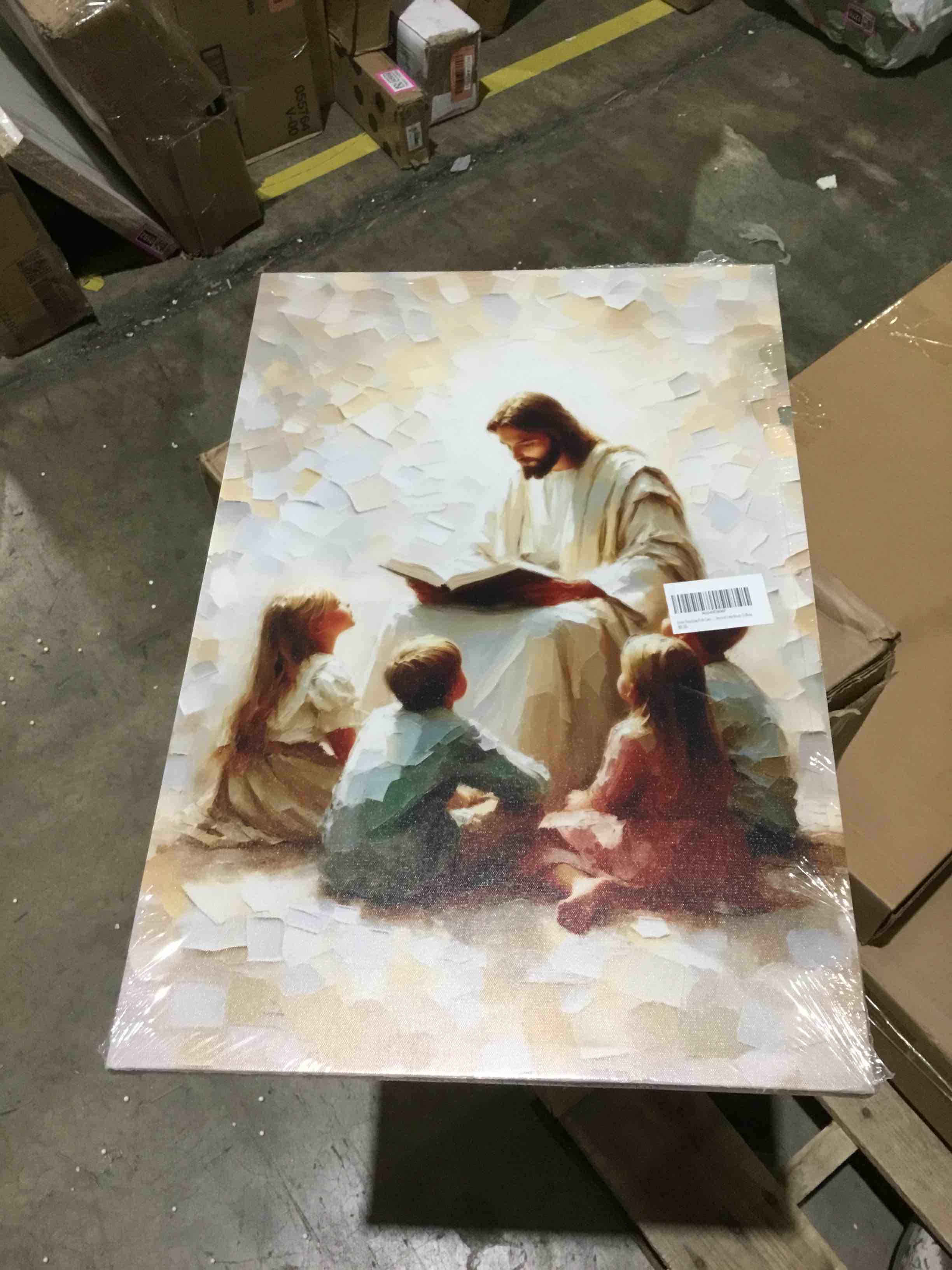 Condition photo showing New/Like New for jesus teaching kids canvas wall art christian children room wall decor picture children of god watercolor poster print for kids room living room bedroom home decoration ready to hang jesus and children 24l" x 16w"-canvas