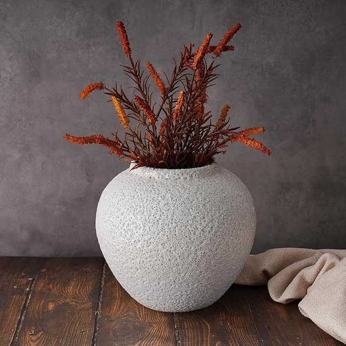 nihome 7.8" rustic ceramic vase with bubble texture, handmade clay flower vase with pad, vintage farmhouse boho decor centerpiece for living room, bedroom, shelf, mantel, entryway