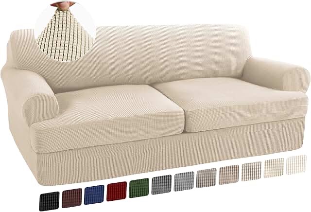 3 piece t cushion sofa slipcovers stretch couch cover furniture covers with 2 individual t cushion covers, machine washable for living room (light beige, 2 cushions)