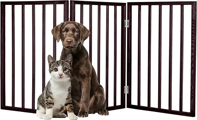 3-panel indoor foldable dog fence for stairs, hallways, or doorways - 54x24-inch wood freestanding dog gates by petmaker (brown)