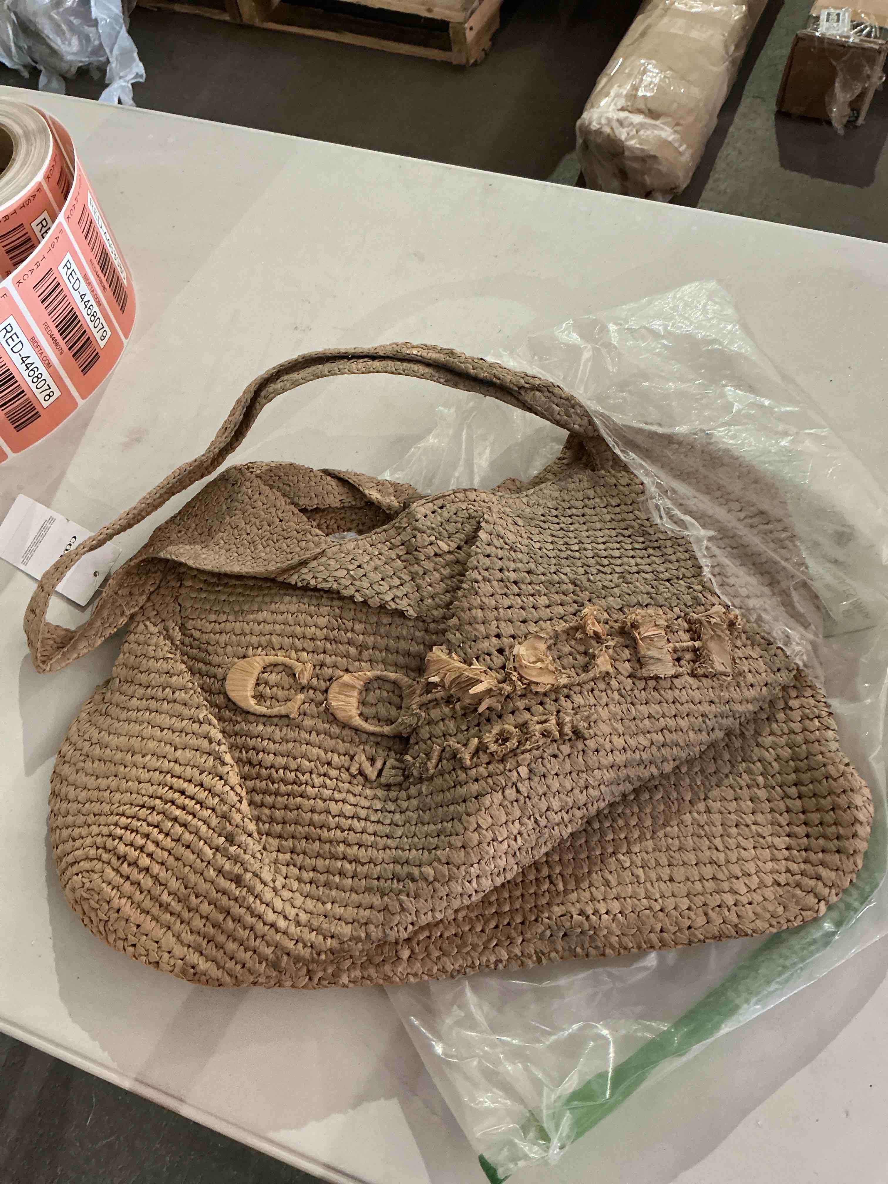 Condition photo showing As Is for coach women's refined weave straw brooklyn shoulder bag 34, b4/natural, one size