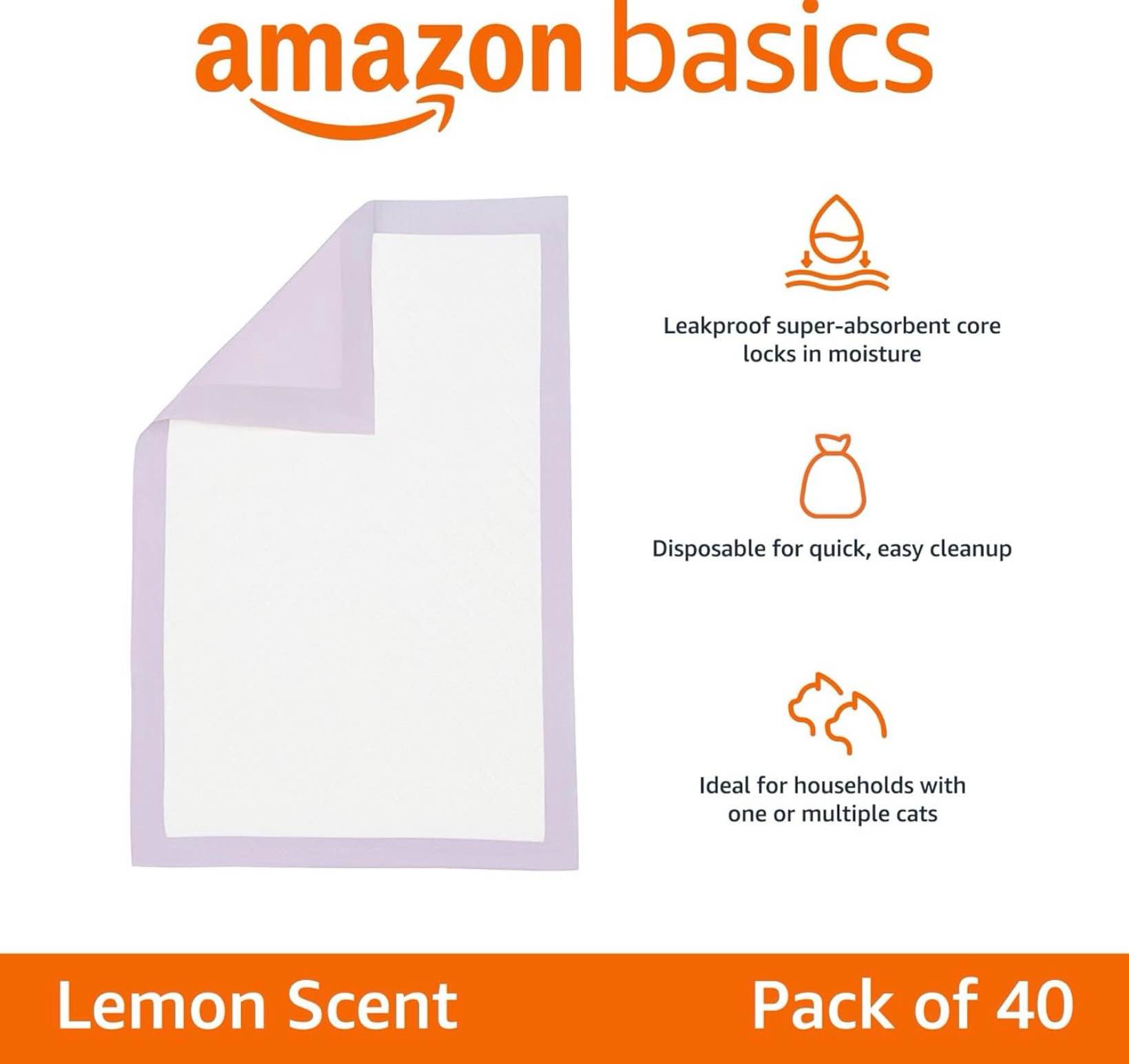 amazon basics cat litter pee pads, super absorbent, odor control with lemon scent, disposable, universal fit for multi cat litter box, purple and white, 40-pack lemon 40 count