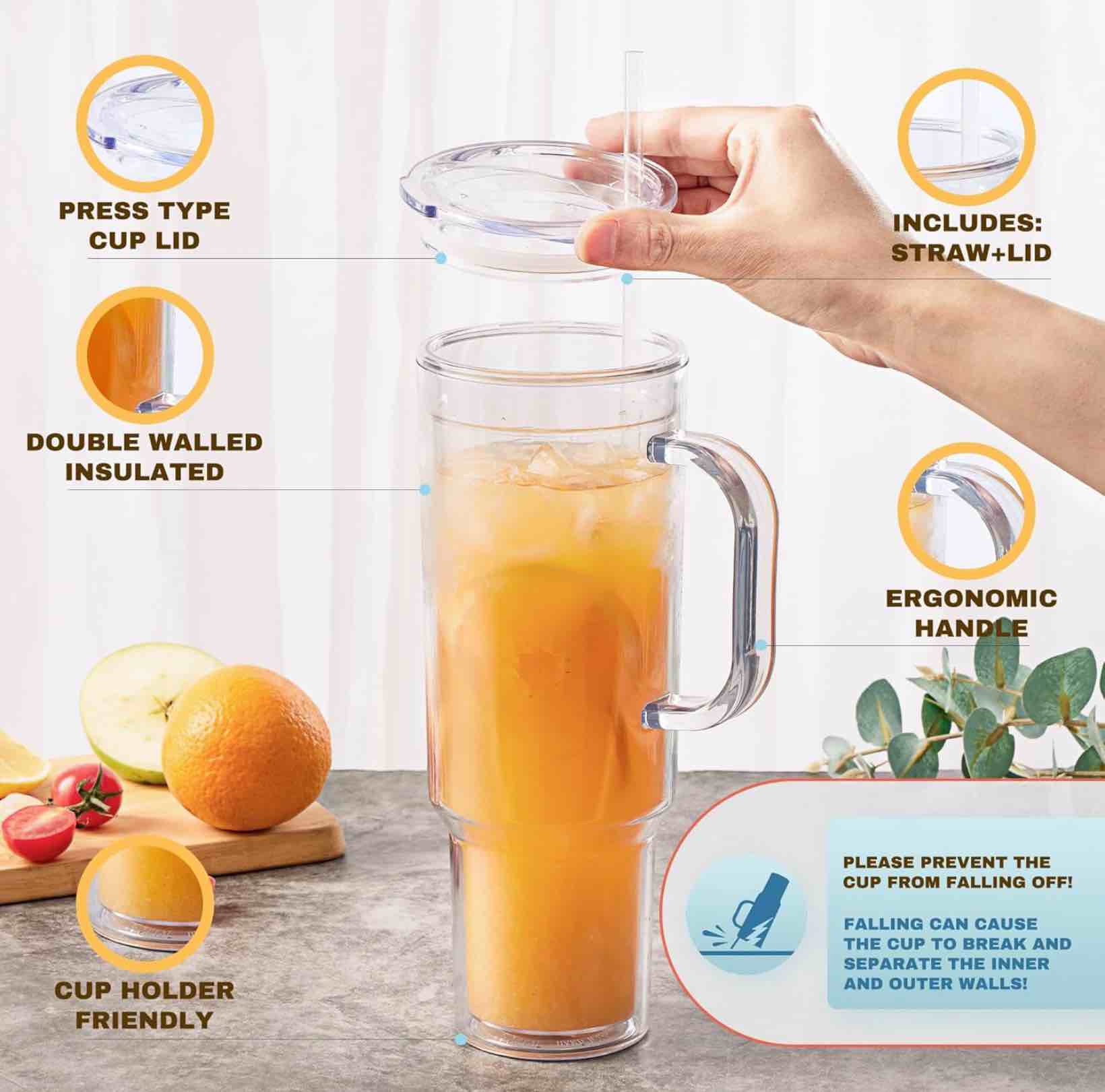meway 40 oz acrylic tumbler with handle and straw lid,double wall vacuum reusable plastic water bottle travel mug cup,classic tumblers cupholder friendly (2 pack) transparent 2
