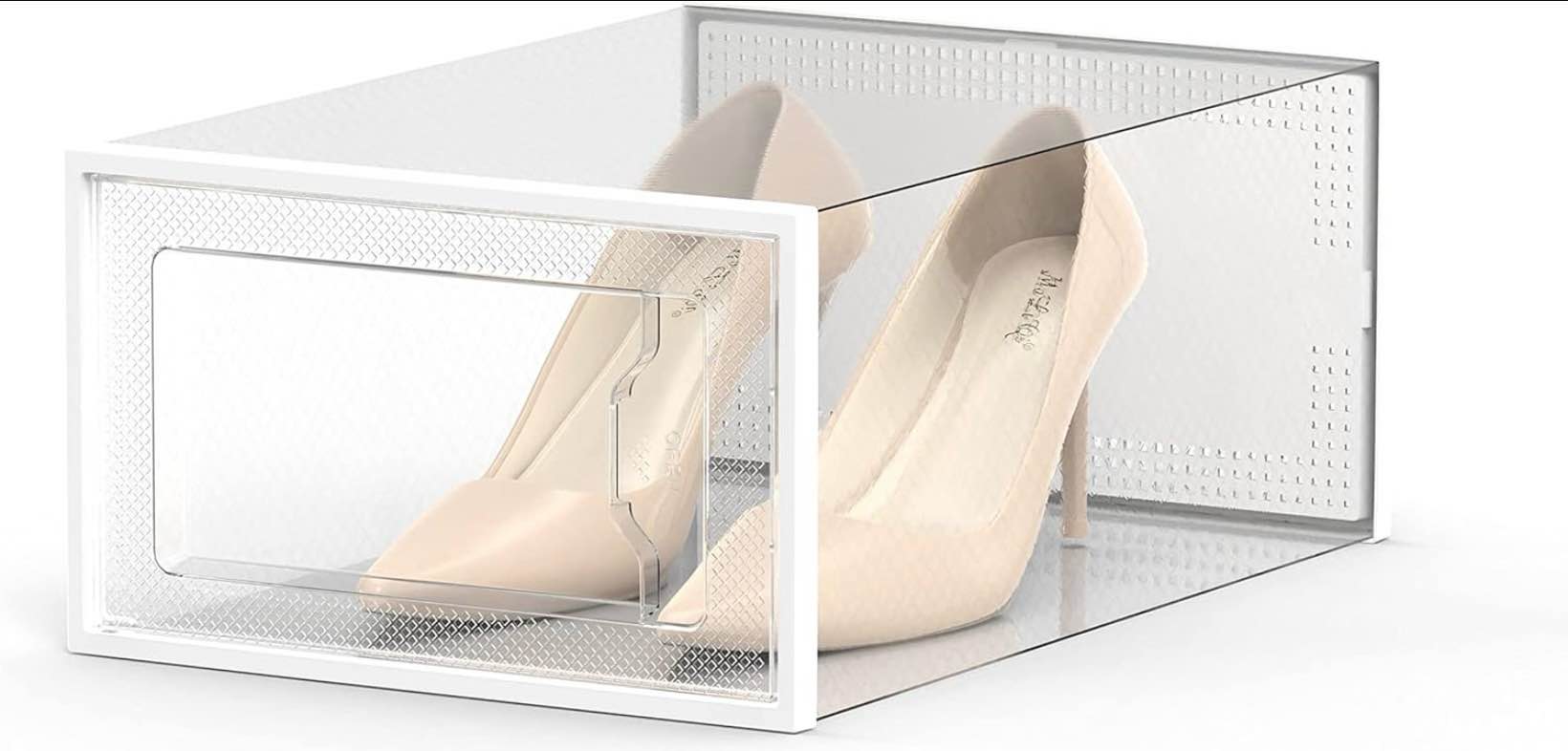 see spring 12 pack shoe storage box, clear plastic stackable shoe organizer for closet, space saving foldable shoe rack sneaker container bin holder large fit size 9 clear
