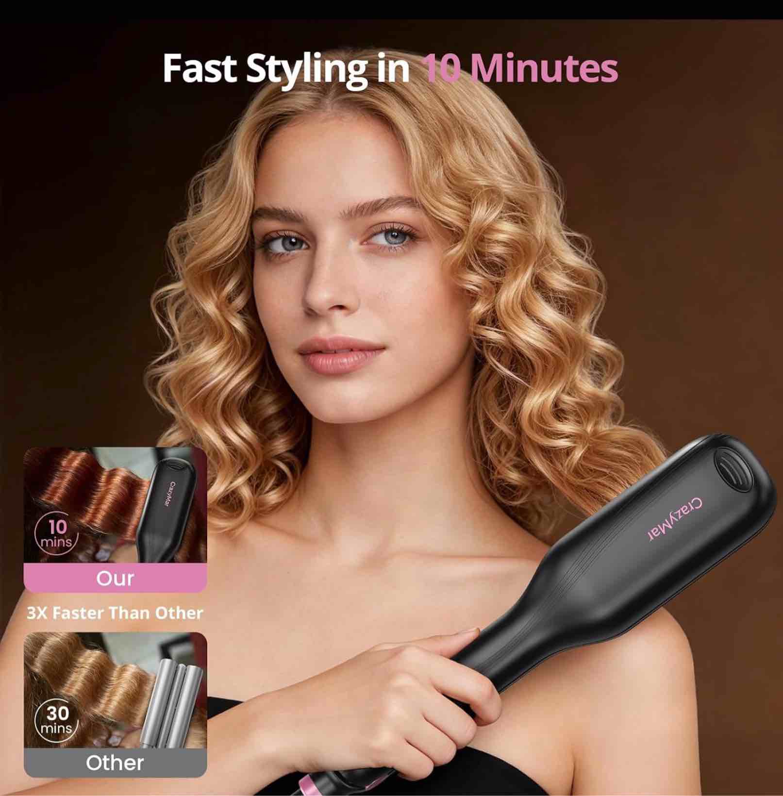 crazymar wave curling iron, hair crimper for women - 15s fast heat-up, smart timer, easy clamp for instant beach waves & 24h curls - salon styling for beach, work, travel, 1inch (black)