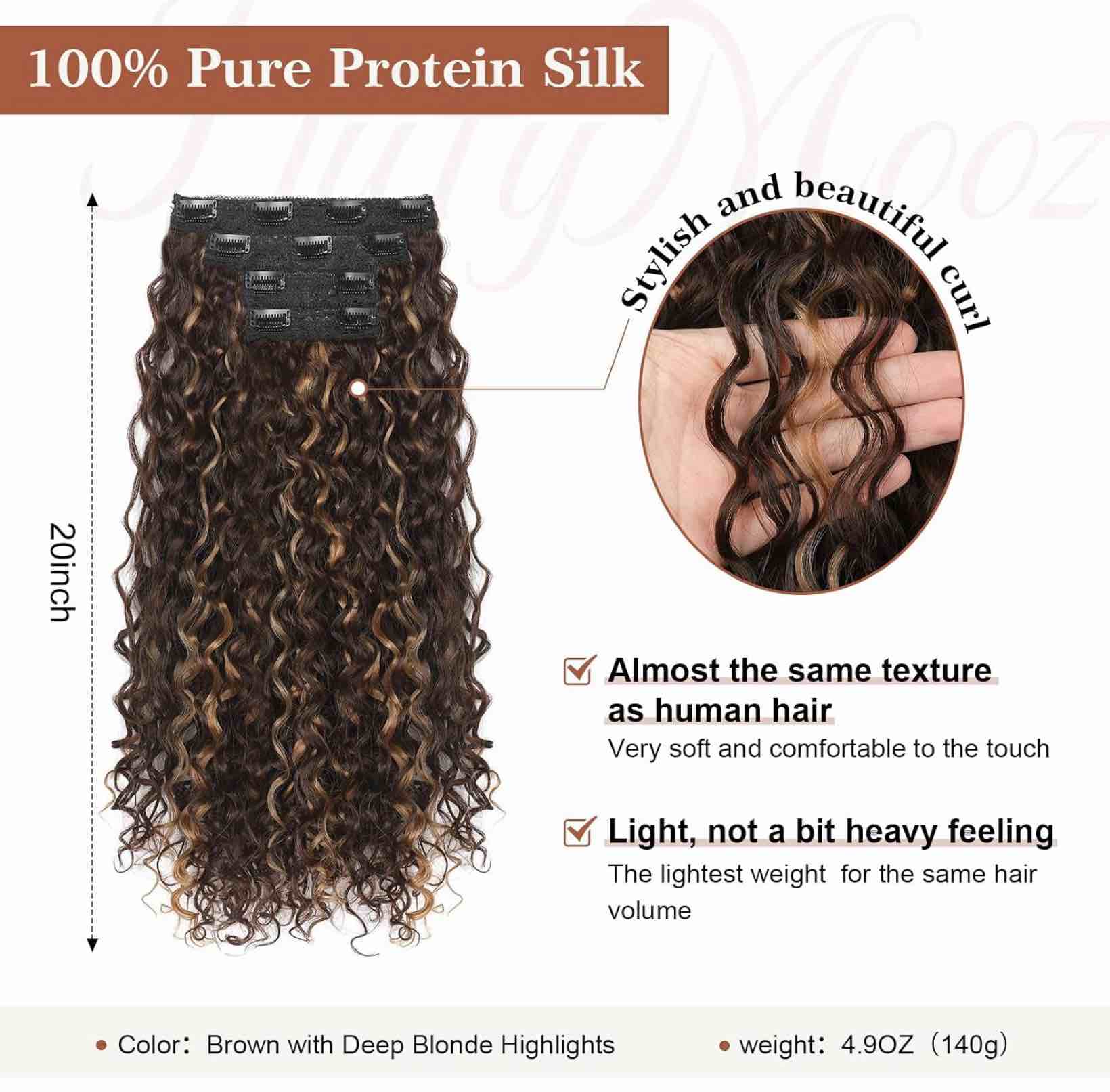 clip in hair extensions, flufymooz 4pc 100% pure protein silk hair extensions long soft natural hairpiece 20 inch curly hair extension for women (brown with deep blonde highlights) 20 inch brown with deep blonde highlights