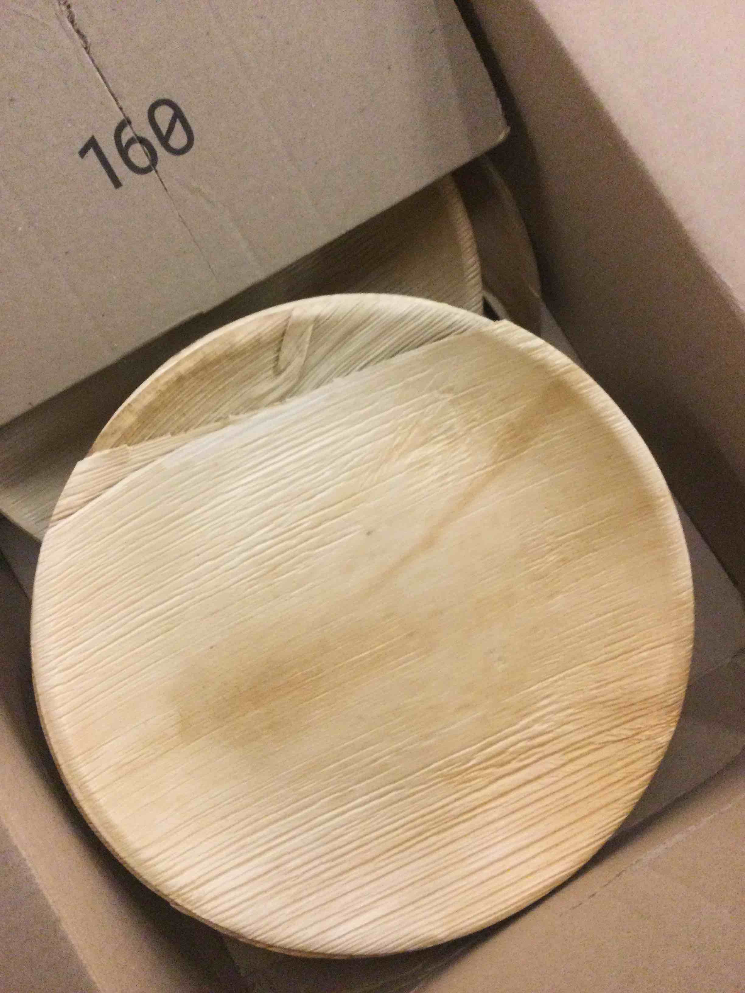 Condition photo showing As Is for Chic Leaf 100% Compostable Disposable Palm Leaf Tray - Paper Plates Alternative - Disposable Charcuterie Boards Accessories - Round Bamboo Plates (12'', 25 Count)