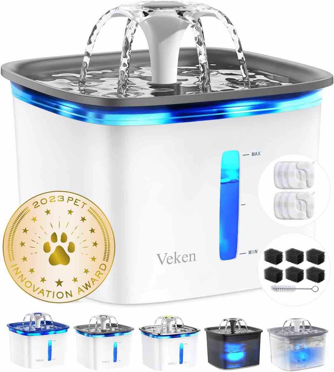 Veken Innovation Award Winner Pet Fountain, Automatic Cat Water Fountain Dog Water Dispenser with Replacement Filters, Gifts for Cats, Dogs, Multiple Pets (Grey, Plastic)