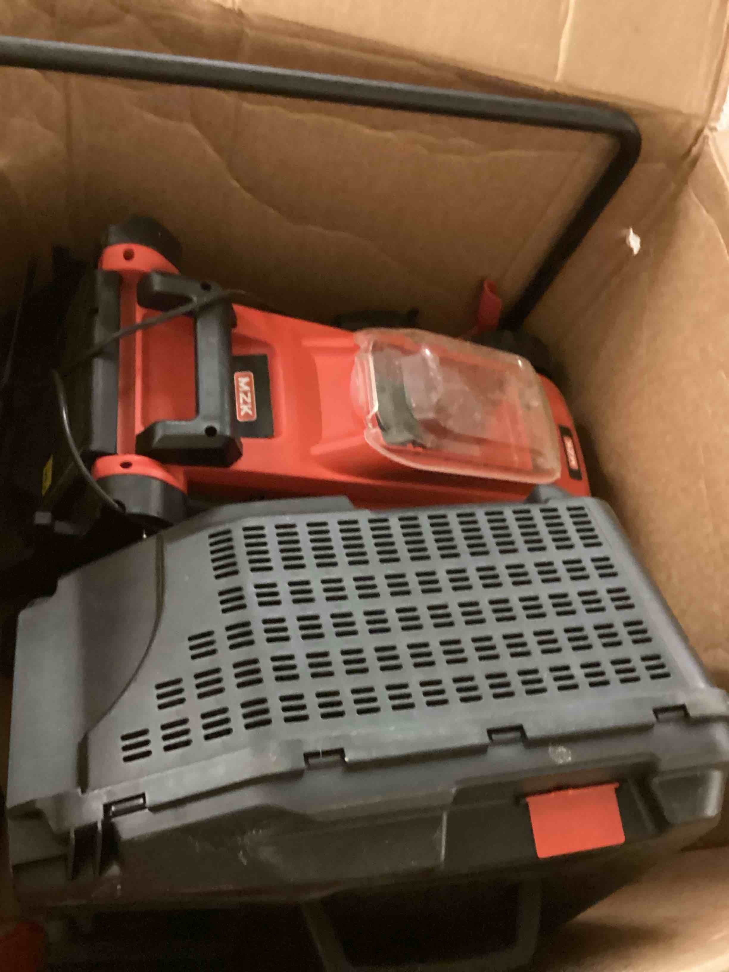 Condition photo showing As Is for mzk 20v 13" electric lawn mower, brushless cordless lawn mower with 4-position height adjustment, walk-behind push mowers with 8 gallon grass bag, 2 x 4.0ah batteries & charger included, lm13b8