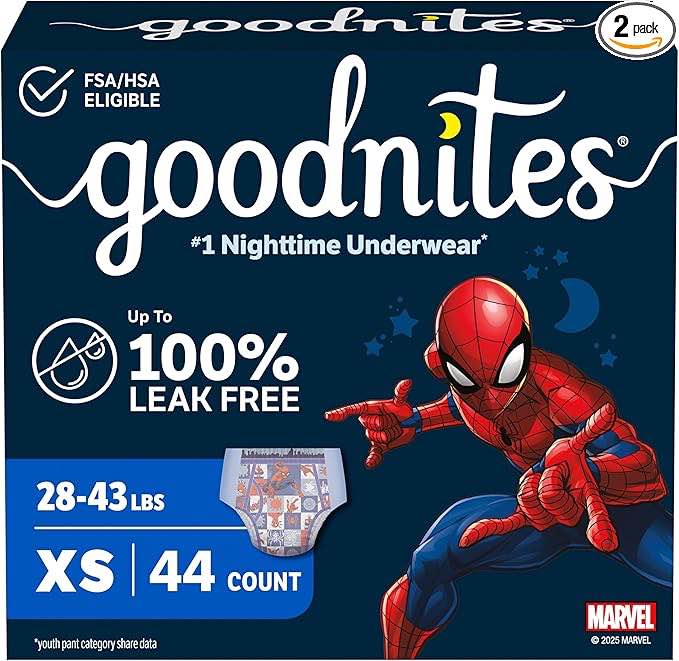 Goodnites Boys' Nighttime Bedwetting Underwear, Size Extra Small (28-43 lbs), 44 Ct (2 Packs of 22), Packaging May Vary