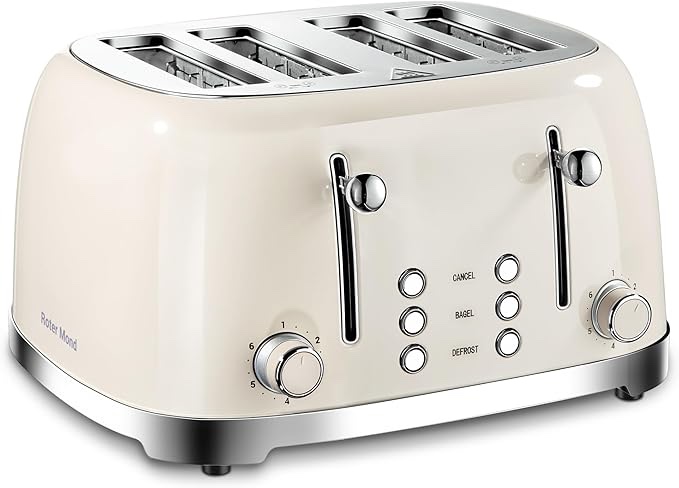 Mueller Retro Toaster 4 Slice with Extra Wide Slots Bagel, Defrost, and Cancel Function, 6 Browning Levels, Dual Independent Controls, Removable Crumb Tray and High Lift Levers, Beige