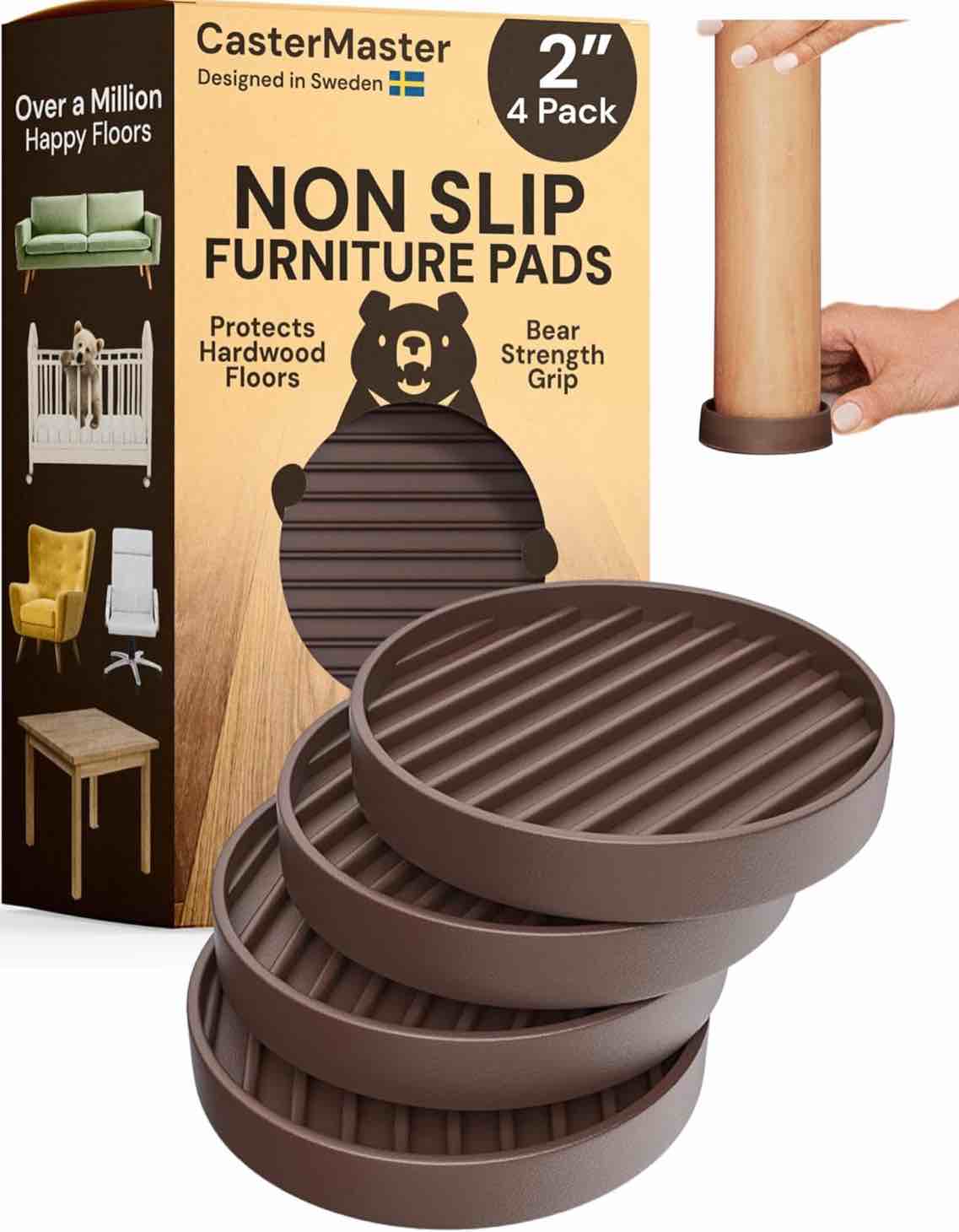 CasterMaster Non Slip Furniture Pads for Hardwood Floors - 2x2 Brown Round Caster Cups, Rubber Feet for Furniture, Couch Stoppers to Prevent Sliding - Set of 4 Bed Stoppers, Chair Leg Floor Protectors