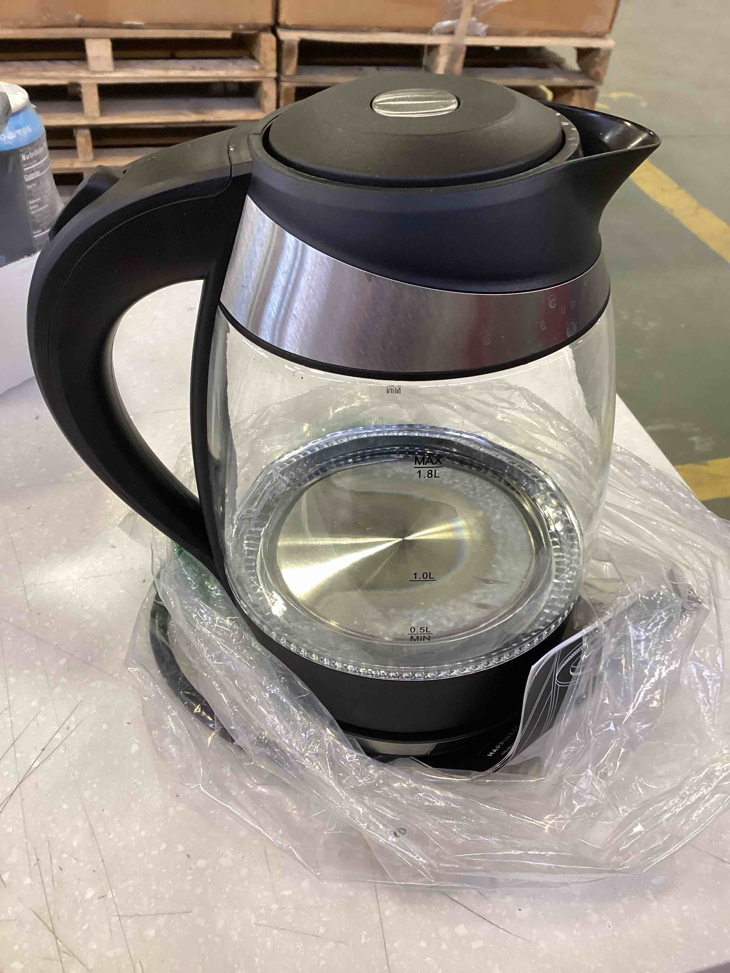 Condition photo showing As Is for Mueller Living Electric Kettle, Electric Tea Kettle for Boiling Water, 1500W SpeedBoil Teach Automatic Shutoff, 1.8L Cordless with LED Light, Borosilicate Glass Tea Kettle Pot Water Heater, BPA Free