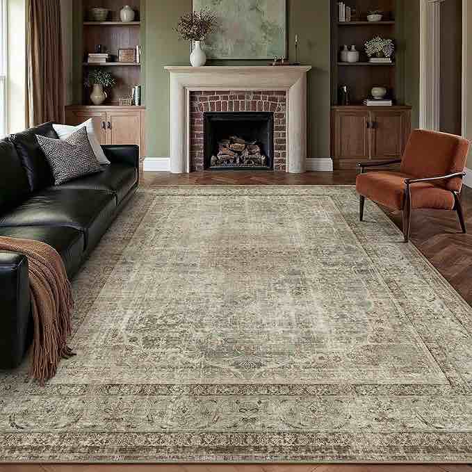 purecozy vintage area rug 8x10 beige washable living room large carpet non slip bedroom indoor office low pile traditional distressed retro accent rug for dining room 8' x 10' (rectangular) accent beige