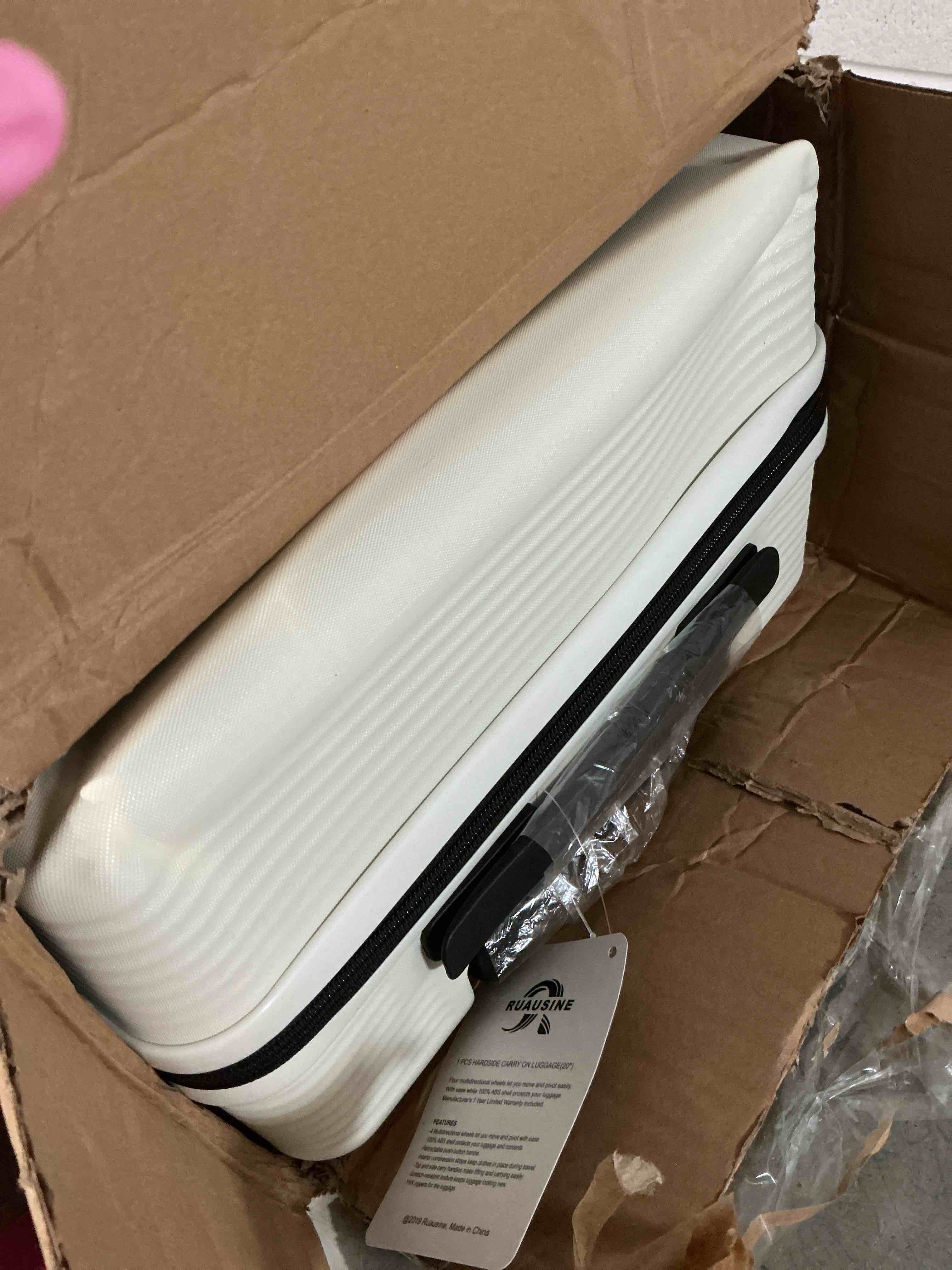 Condition photo showing As Is for (it has a big dent) 20 inch carry-on luggage, 22x14x9 airline approved carry on luggage, hard shell small rolling carry on suitcase with spinner wheels tsa approved for travel (white, 20 in)
