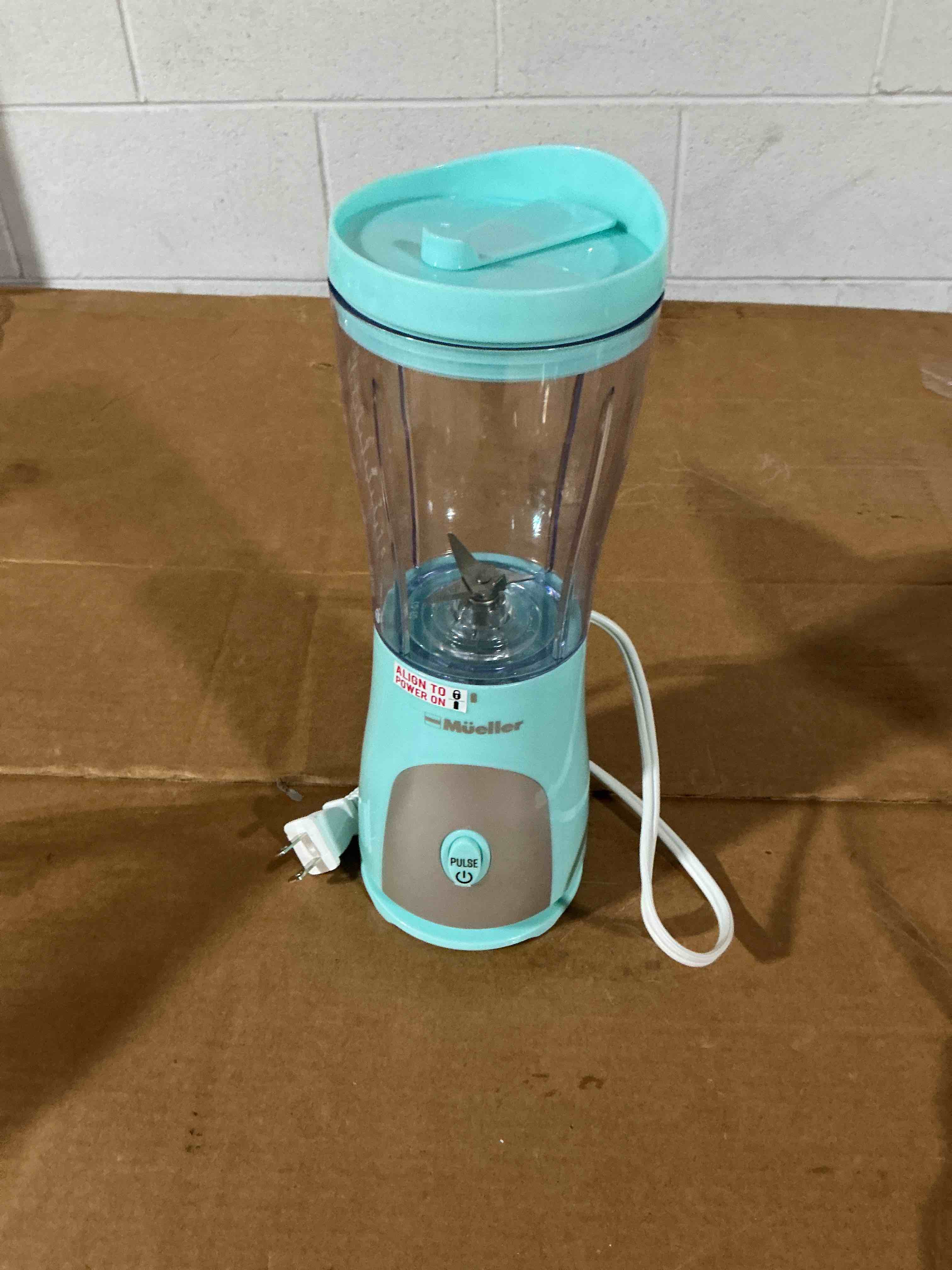 Condition photo showing As Is for mueller smoothie blender for smoothies - personal blender for shakes, frozen drinks, baby food & more, 15oz travel cup and lid, durable stainless steel blades for powerful blending performance
