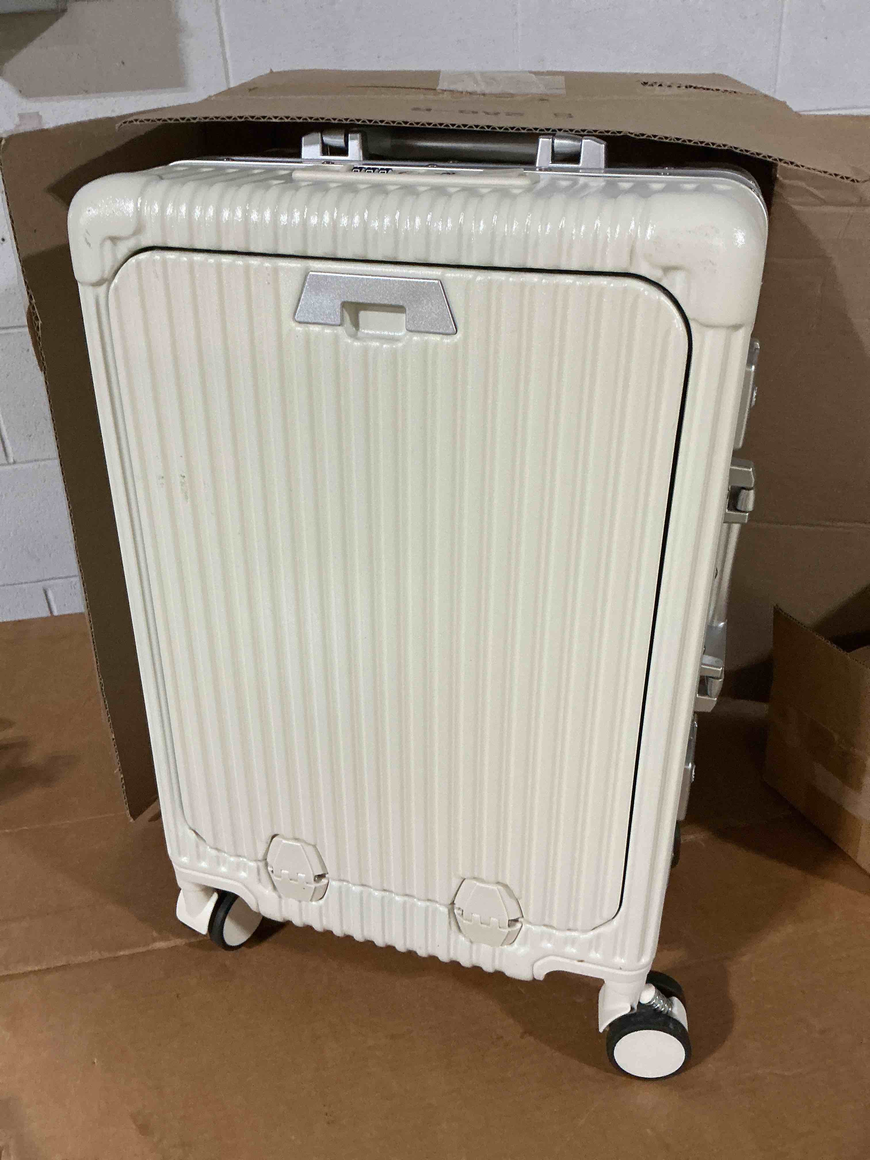 Condition photo showing Good Condition for 20 inch carry on luggage with front pocket, hard shell suitcase with wheels | airline approved, zipperless aluminum frame, cup holder, usb ports, spinner wheels, tsa lock, business travel & weekend trips white 20 inch