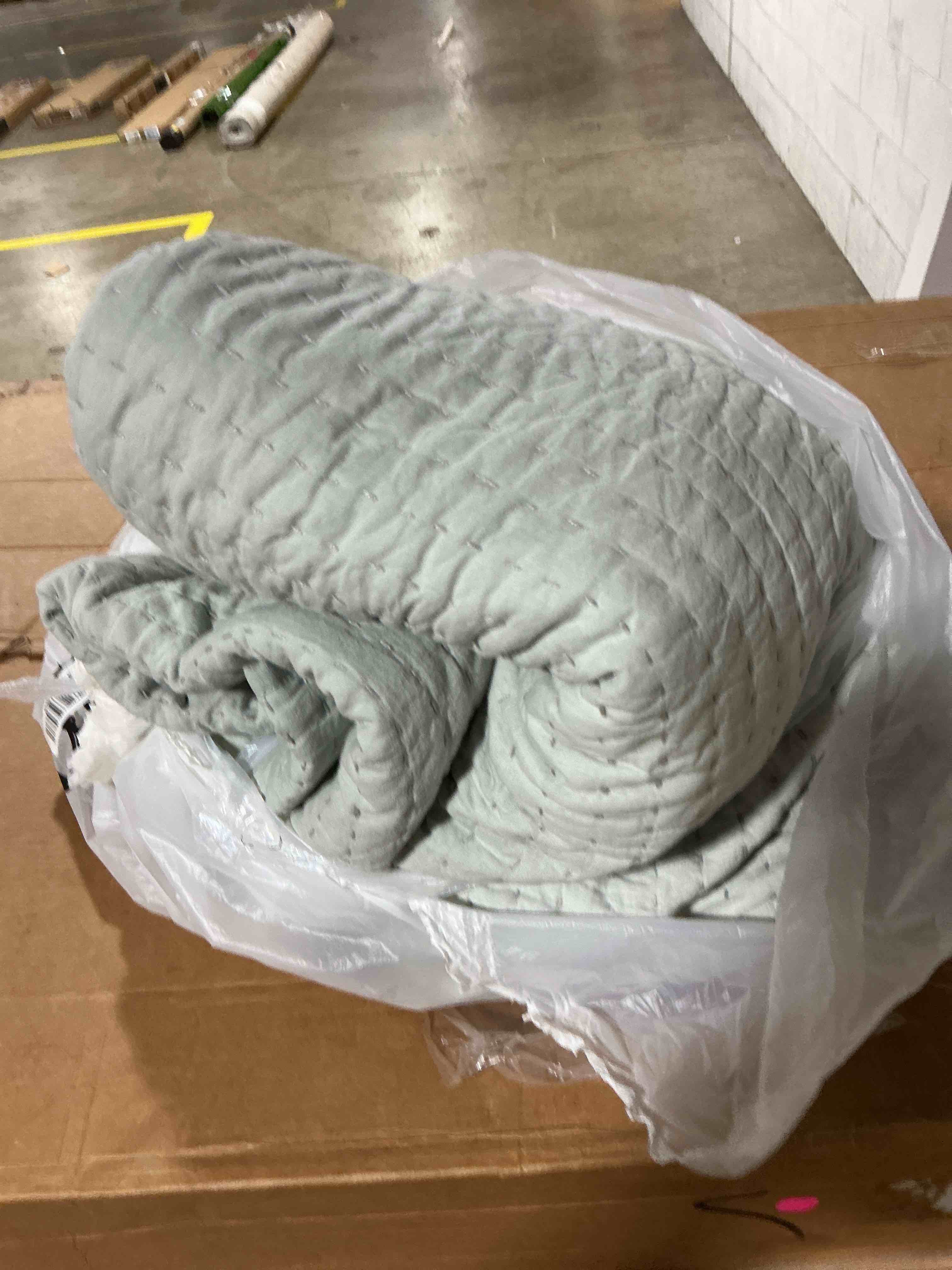 Condition photo showing As Is for european linen cotton stitch quilt set, king/cal king, mist
